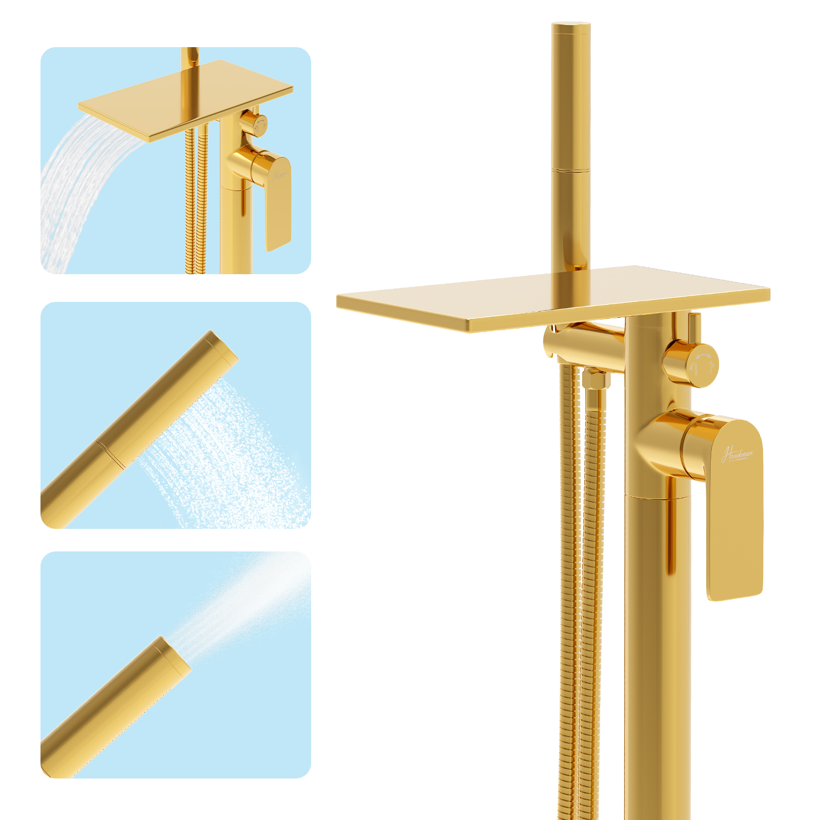 Freestanding Bathtub Faucet, Floor Mount Bathtub Faucet with 2 Water Outlet Modes, Swivel Gooseneck Spout with Hand Shower,Single Handle, Max Flow Rate 7.4 GPM (Waterfall 2-Bright Gold)