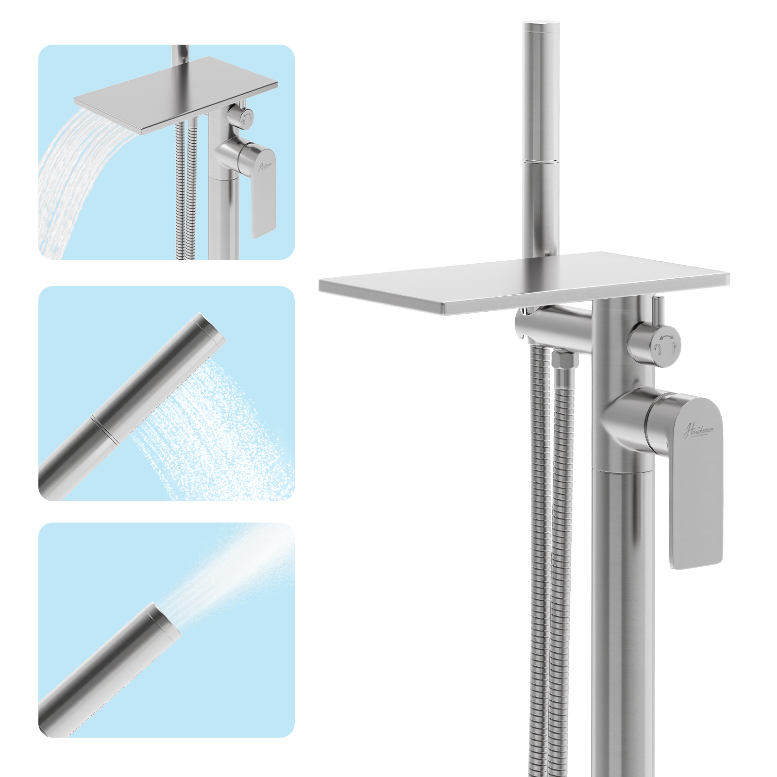 Freestanding Bathtub Faucet, Floor Mount Bathtub Faucet with 2 Water Outlet Modes, Swivel Gooseneck Spout with Hand Shower,Single Handle, Max Flow Rate 7.4 GPM (Waterfall 2-Brushed Nickel)