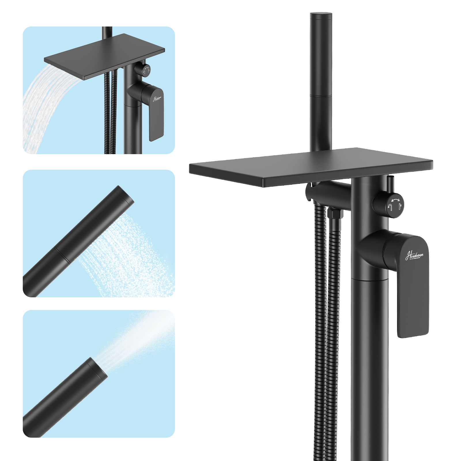 Freestanding Bathtub Faucet, Floor Mount Bathtub Faucet with 3 Water Outlet Modes, Swivel Waterfall Spout with Hand Shower, Brass Single Handle Tub filler, Max Flow Rate 7.4 GPM (Waterfall 2-Black)