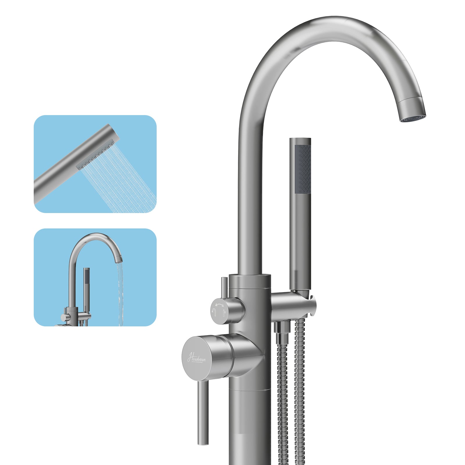 Freestanding Bathtub Faucet, Floor Mount Bathtub Faucet with 2 Water Outlet Mode, Swivel Gooseneck Spout with Hand Shower, Brass Single Handle Tub filler, Max Flow Rate 7.4 GPM (Gooseneck-Brushed Nickel)