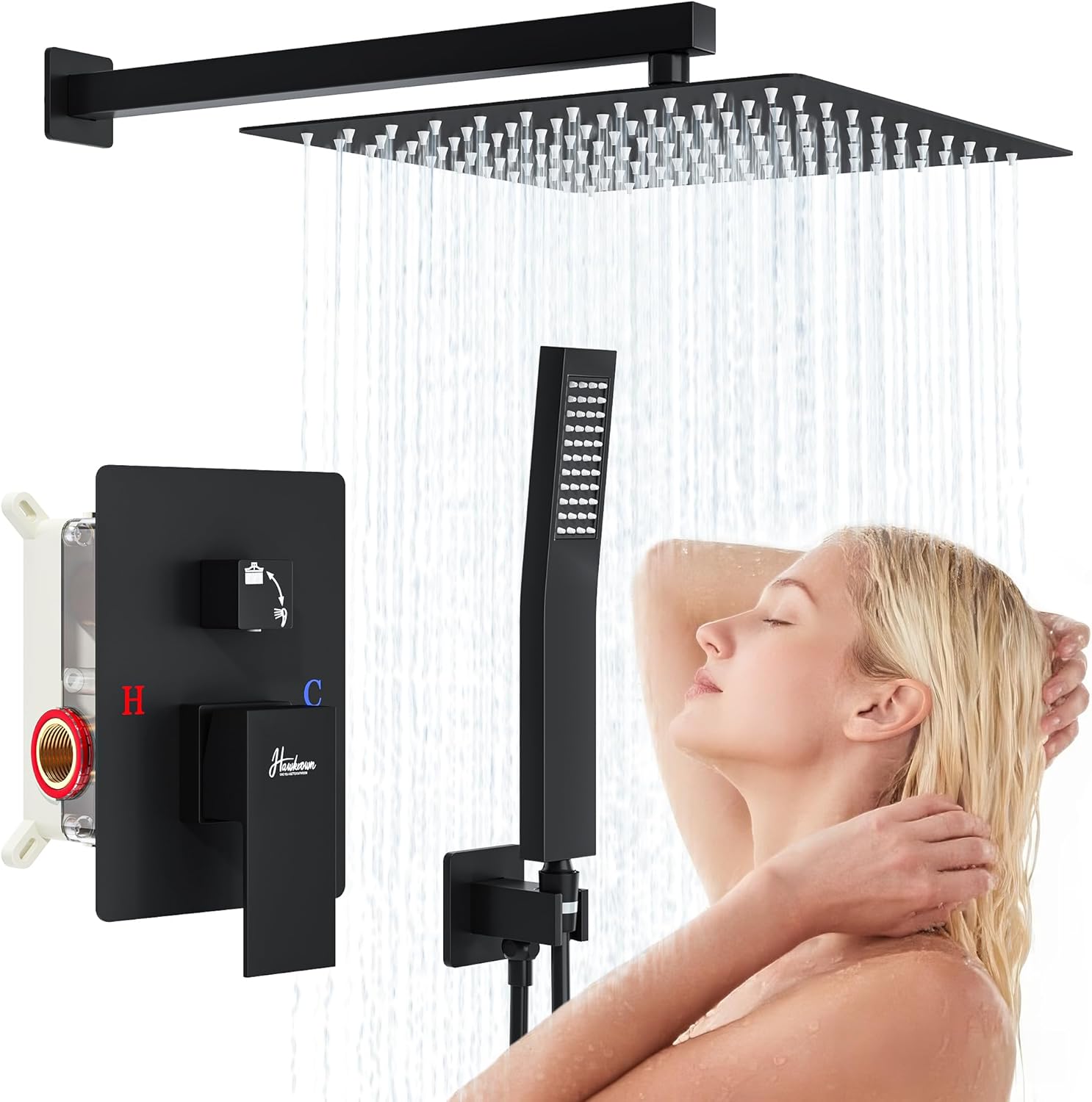 16 Inch Luxury Rain Shower Faucet Set, Matte Black Shower System with Rainfall Shower Head and Handheld Spray, SUS304 Stainless Steel and Solid Brass Wall Mounted Shower Valve Trim Kit