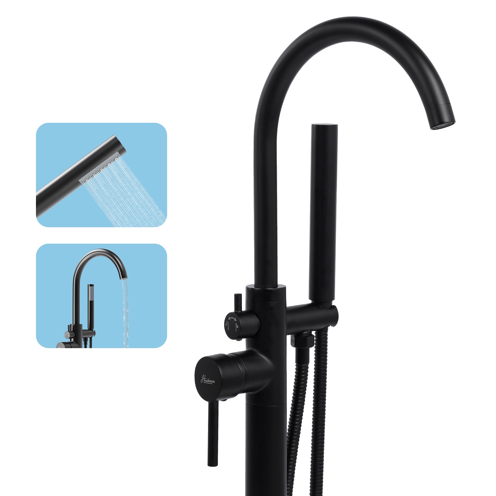 Freestanding Bathtub Faucet, Floor Mount Bathtub Faucet with 2 Water Outlet Modes, Swivel Gooseneck Spout with Hand Shower, Brass Single Handle Tub filler, Max Flow Rate 7.4 GPM (Gooseneck-Matte Black)
