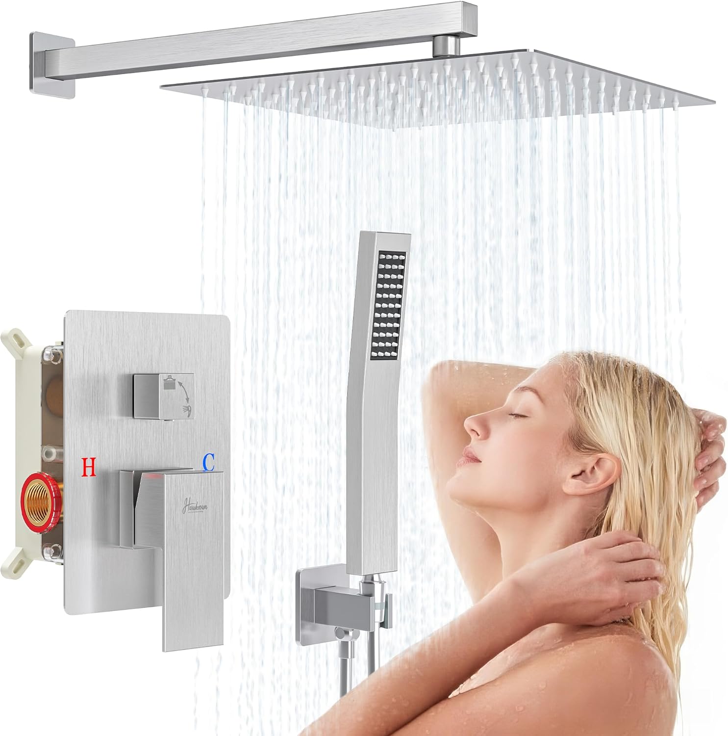 10 Inch Luxury Rain Shower Faucet Set, Brushed Nickel Shower System with Rainfall Shower Head and Handheld Spray, SUS304 Stainless Steel and Solid Brass Wall Mounted Shower Valve Trim Kit