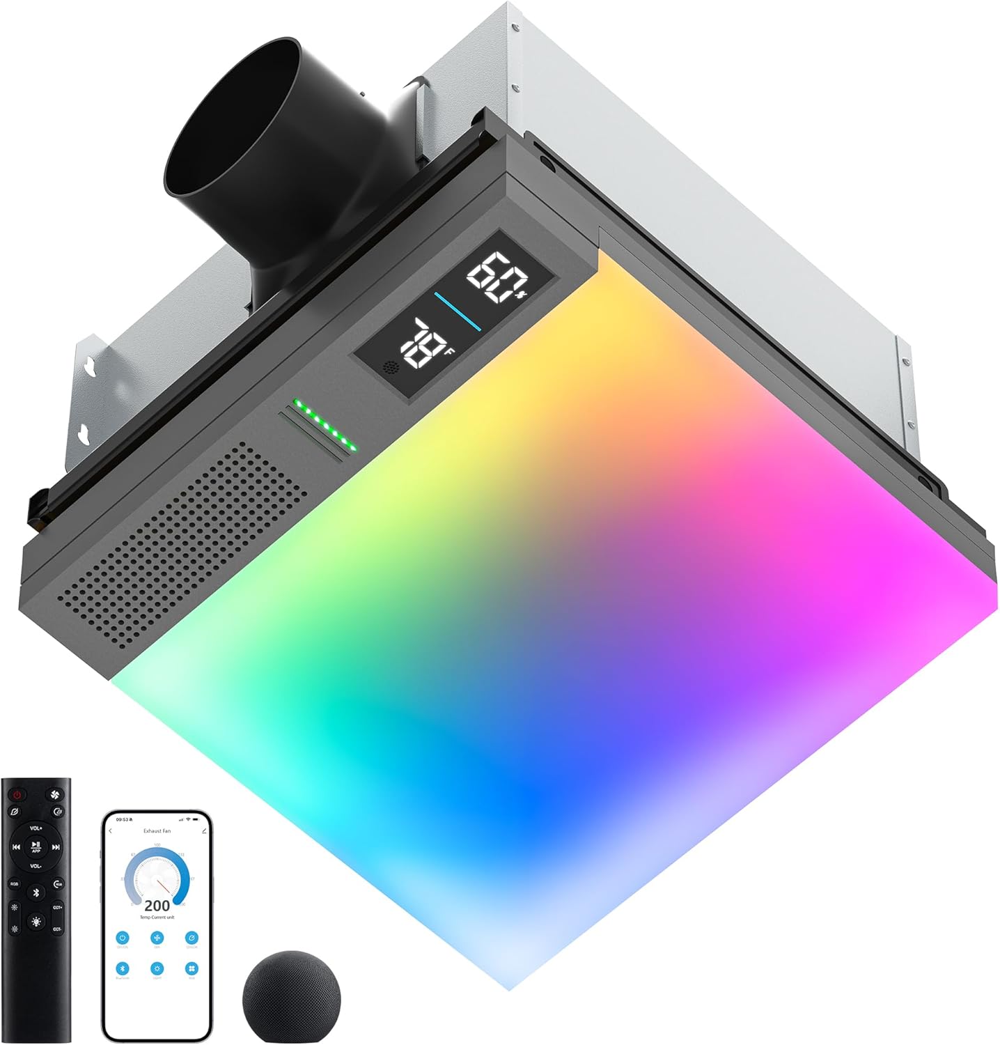 Sliding Exhaust Fan with Bluetooth Speaker, 230 CFM, Humidity & Odor Sensor, 3-Color Temp & RGB Lights, App/Voice/Remote Control, Easy-Clean Dust Filter (Grey)