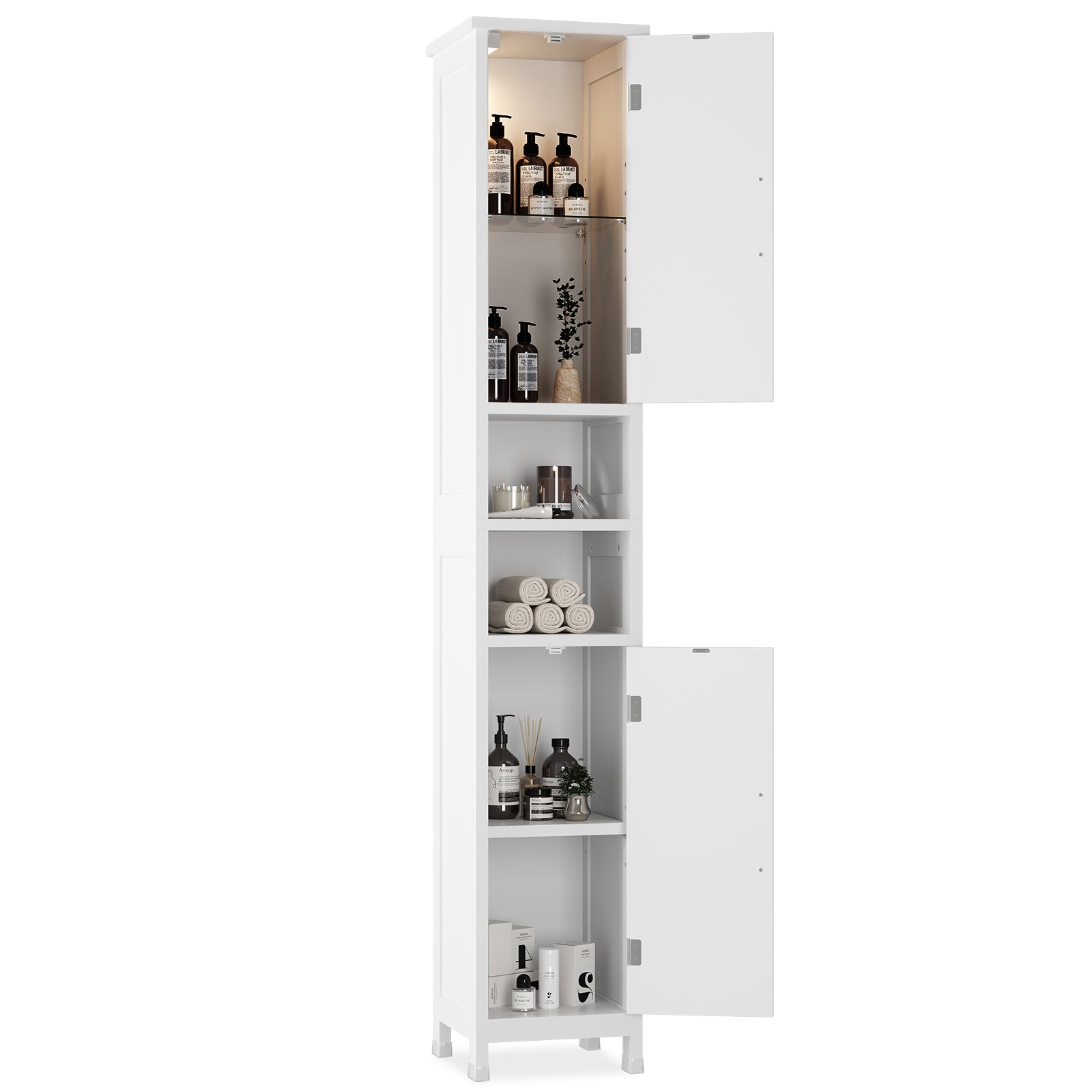 67" Tall Bathroom Storage Cabinet with Lights, Slim Narrow Bathroom Cabinet Organizer with Doors and Adjustable Shelves, Tall Cabinet for Small Space, Living Room, Kitchen (White)
