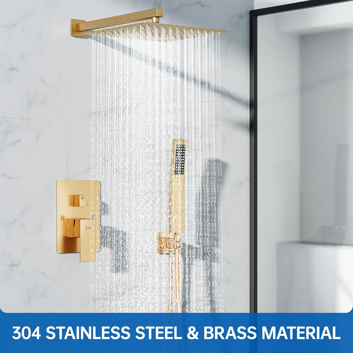 8 Inch Luxury Rain Shower Faucet Set, Brushed Gold Shower System with Rainfall Shower Head and Handheld Spray, SUS304 Stainless Steel and Solid Brass Wall Mounted Shower Valve Trim Kit
