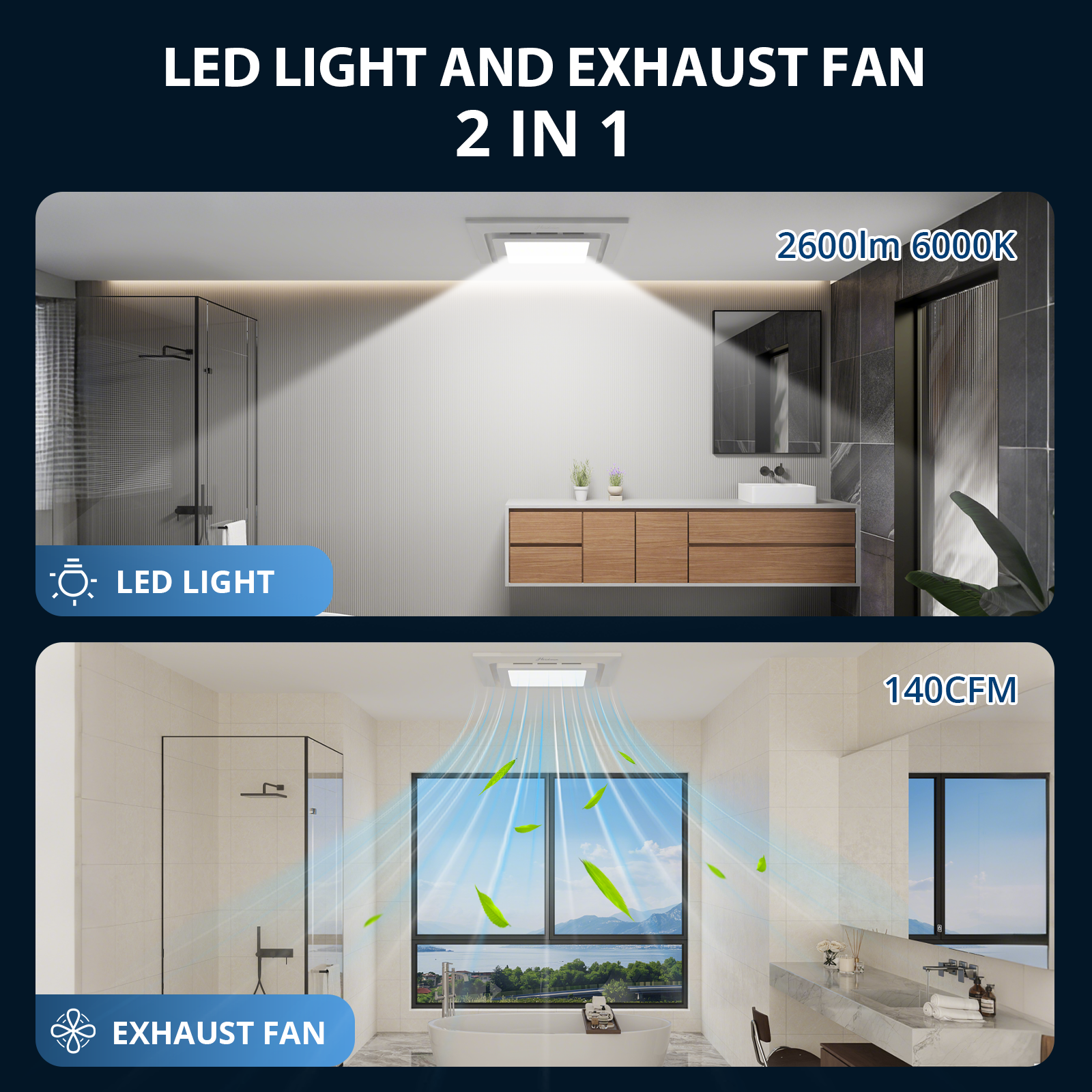 2-in-1 Bathroom Exhaust Fan with Light, 140 CFM Quiet Vent Fan, 6000K LED Light, Easy to Install, Exhaust Fans for Ceiling, Space Saving Bathroom Ventilation