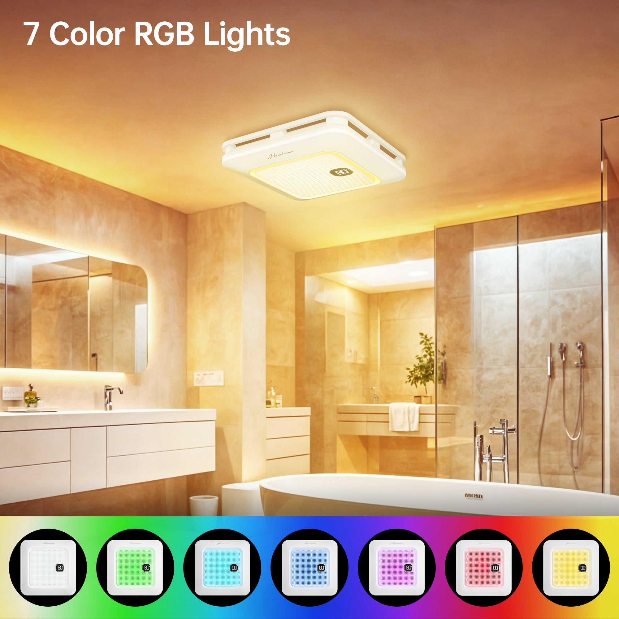 Bathroom Exhaust Fan with Bluetooth Speaker, 230 CFM 1.0 Sone Bathroom Exhaust Fan with Light, 3 Dynamic Light, 7 LED Color, 3 Color Temperatures, Nightlight,Remote, Easy Install (White)