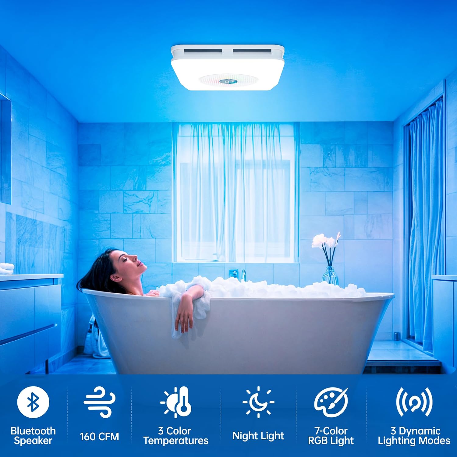 Hawkrown Bathroom Exhaust Fan with Bluetooth Speaker, 160 CFM 1.0 Sone Bathroom Exhaust Fan with Light, 3 Dynamic Light, 7 LED Color, 3 Color Temperatures, Nightlight,Remote, Easy Install