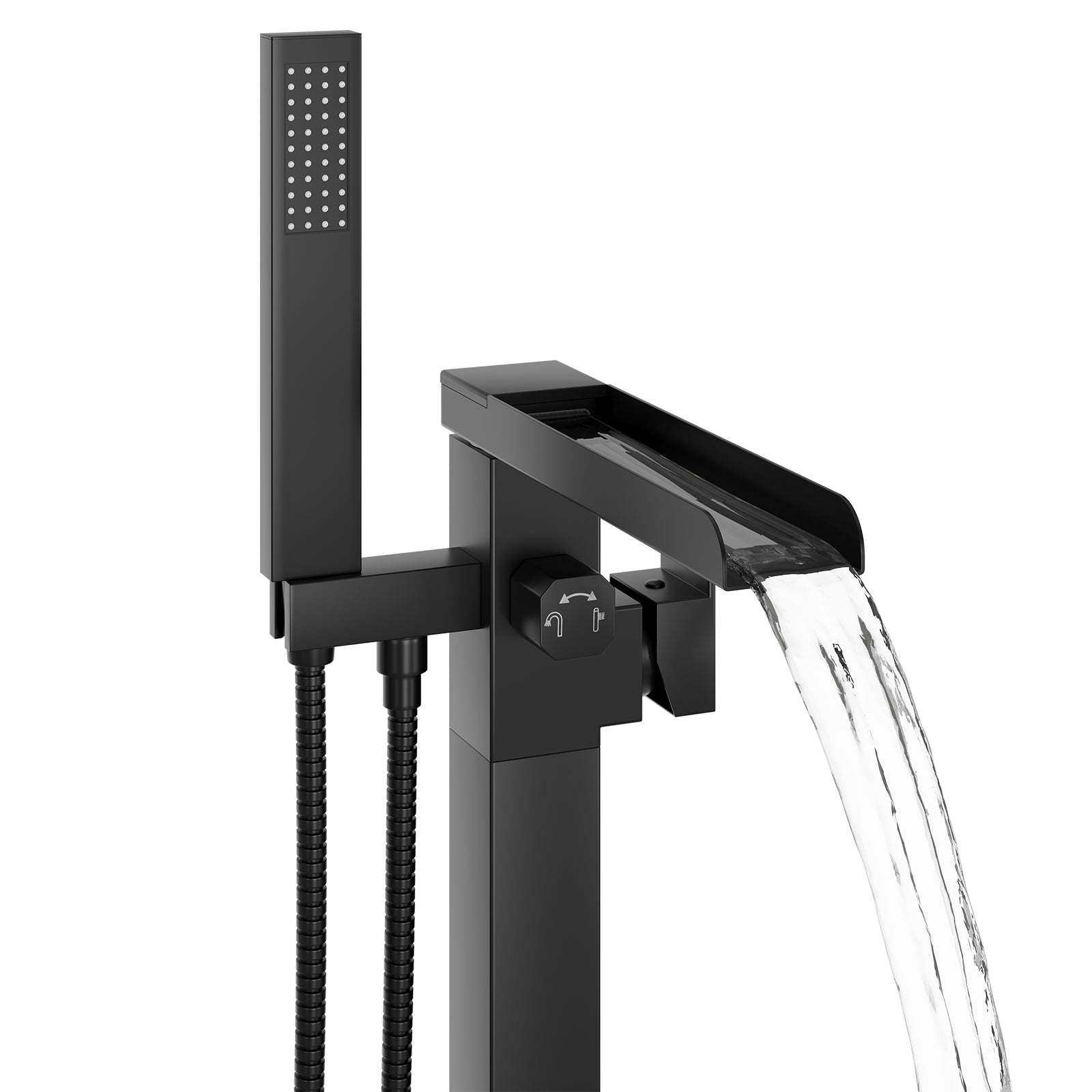 Freestanding Bathtub Faucet, Floor Mount Bathtub Faucet with 2 Water Outlet Modes, Swivel Gooseneck Spout with Hand Shower,Single Handle, Max Flow Rate 7.4 GPM (Waterfall-Black)