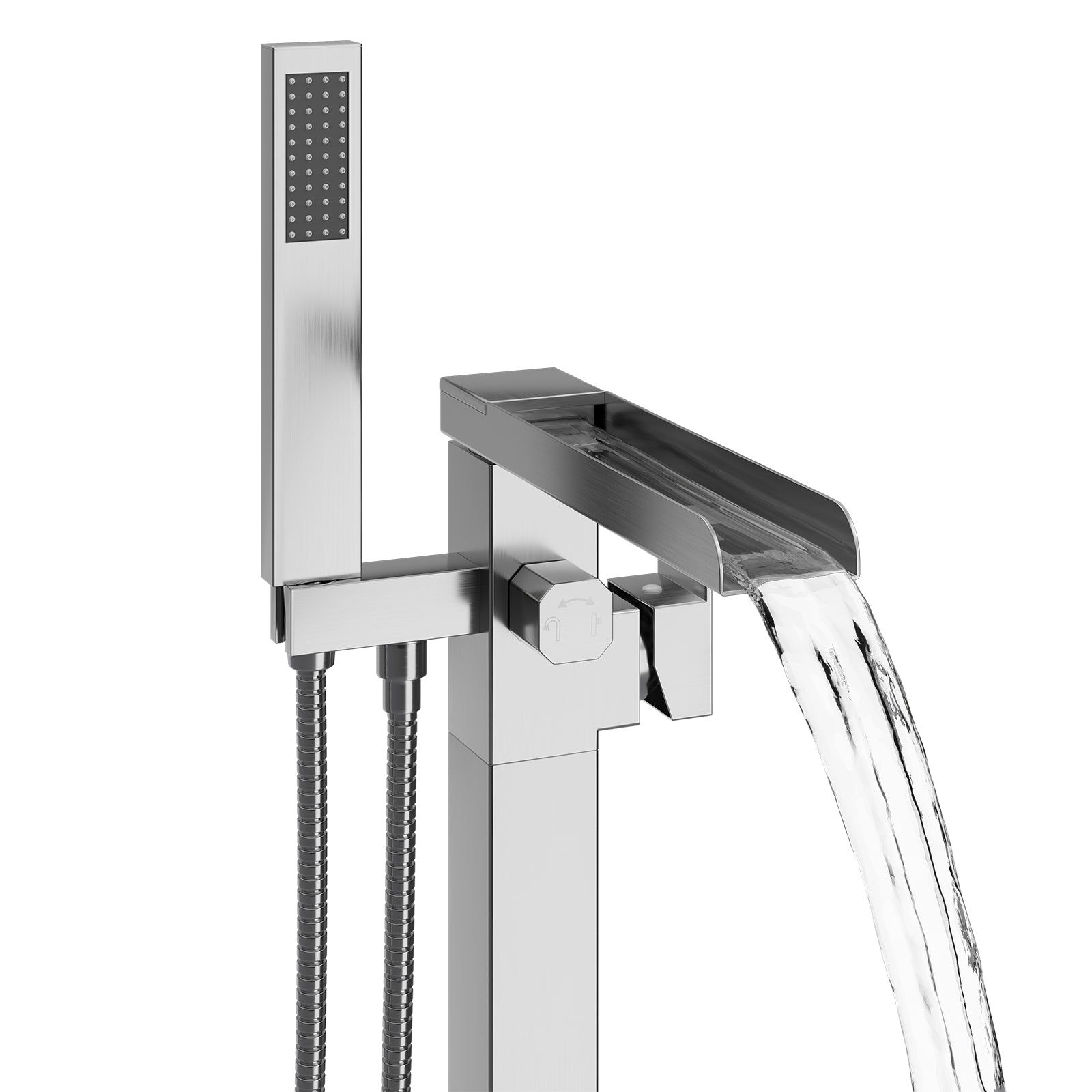 Freestanding Bathtub Faucet, Floor Mount Bathtub Faucet with 2 Water Outlet Modes, Swivel Gooseneck Spout with Hand Shower,Single Handle, Max Flow Rate 7.4 GPM (Waterfall-Brushed Nickel)