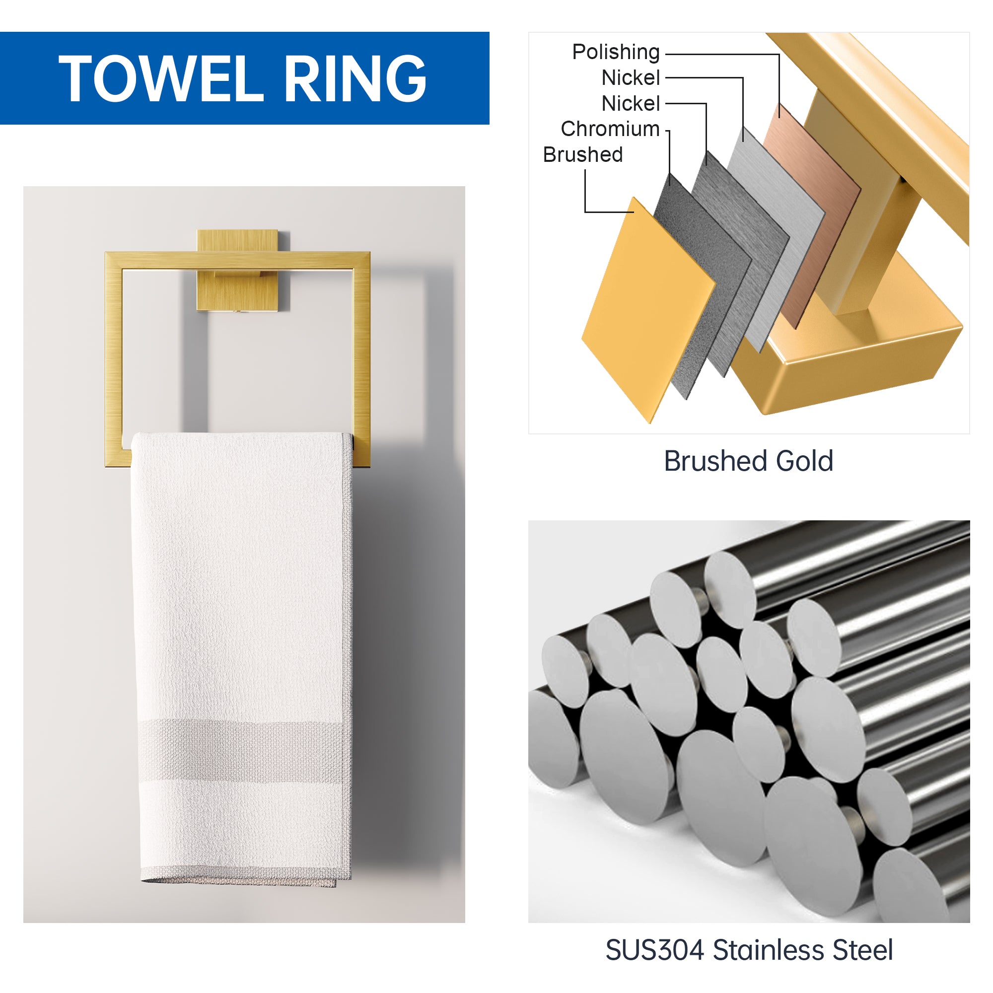 10-Piece Bathroom Hardware Accessories Set, 16 Inch SUS304 Stainless Steel Towel Bar Set, Wall Mounted Bathroom Towel Holders, Towel Hooks with Toilet Paper Holder (Brushed Gold)