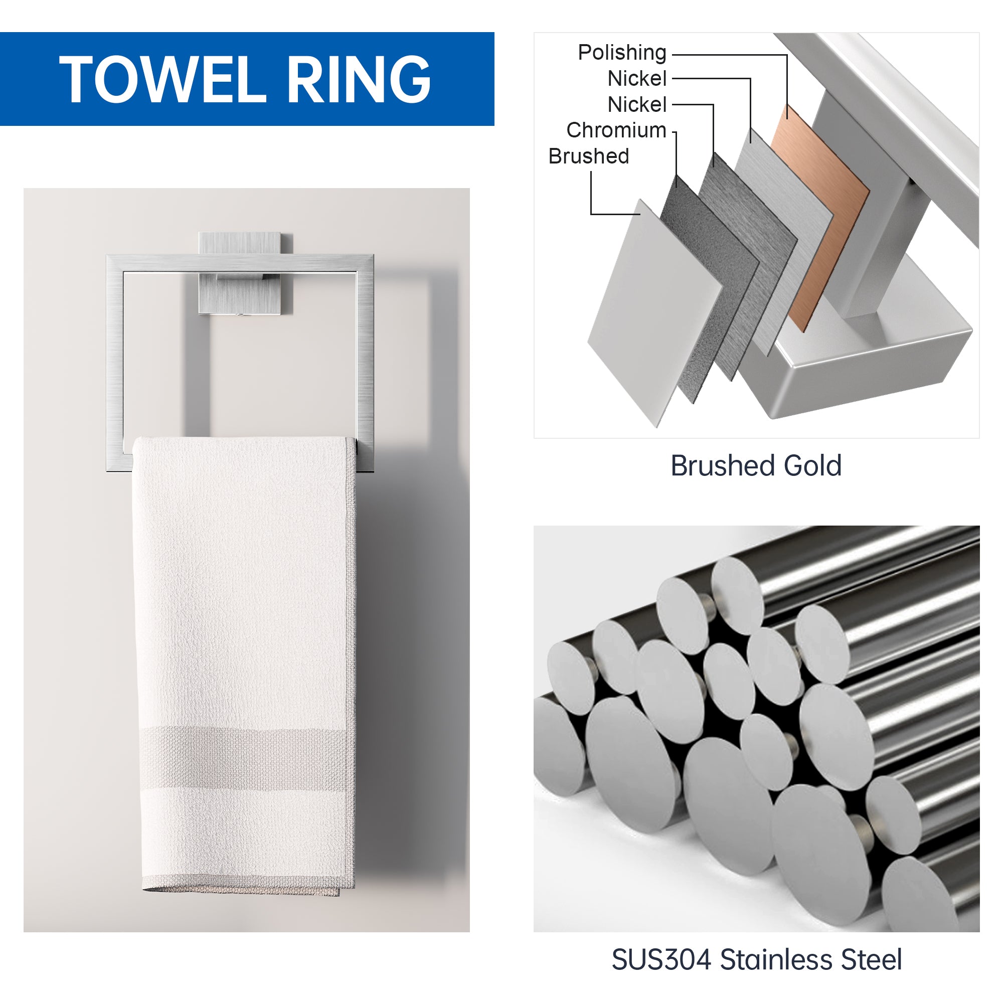 10-Piece Bathroom Hardware Accessories Set, 16 Inch SUS304 Stainless Steel Towel Bar Set, Wall Mounted Bathroom Towel Holders, Towel Hooks with Toilet Paper Holder (Brushed Nickel)