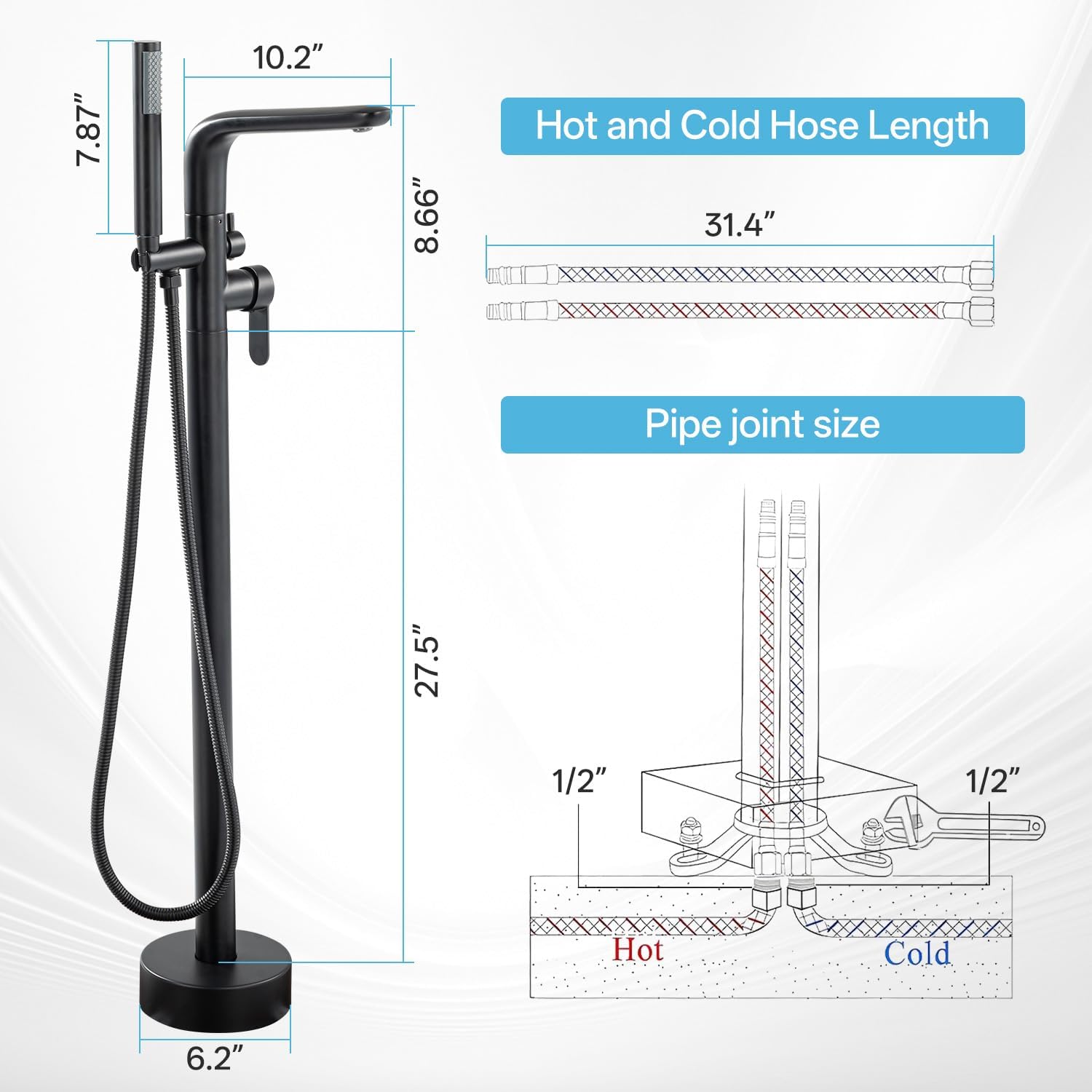 Freestanding Bathtub Faucet, Floor Mount Bathtub Faucet with 2 Water Outlet Modes, Swivel Gooseneck Spout with Hand Shower,Single Handle, Max Flow Rate 7.4 GPM (Type1-Black)
