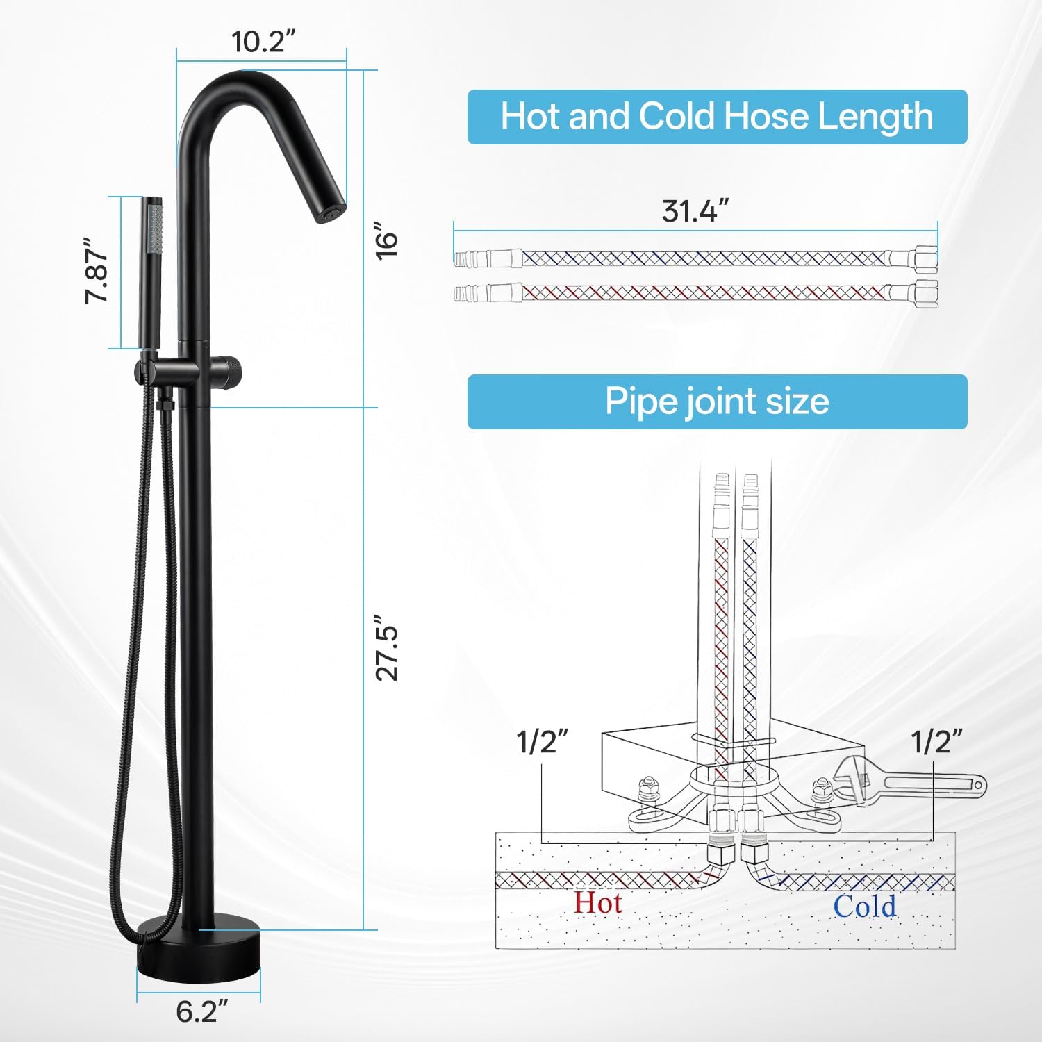 Freestanding Bathtub Faucet, Floor Mount Bathtub Faucet with 2 Water Outlet Modes, Swivel Gooseneck Spout with Hand Shower,Single Handle, Max Flow Rate 7.4 GPM (Type2-Black)