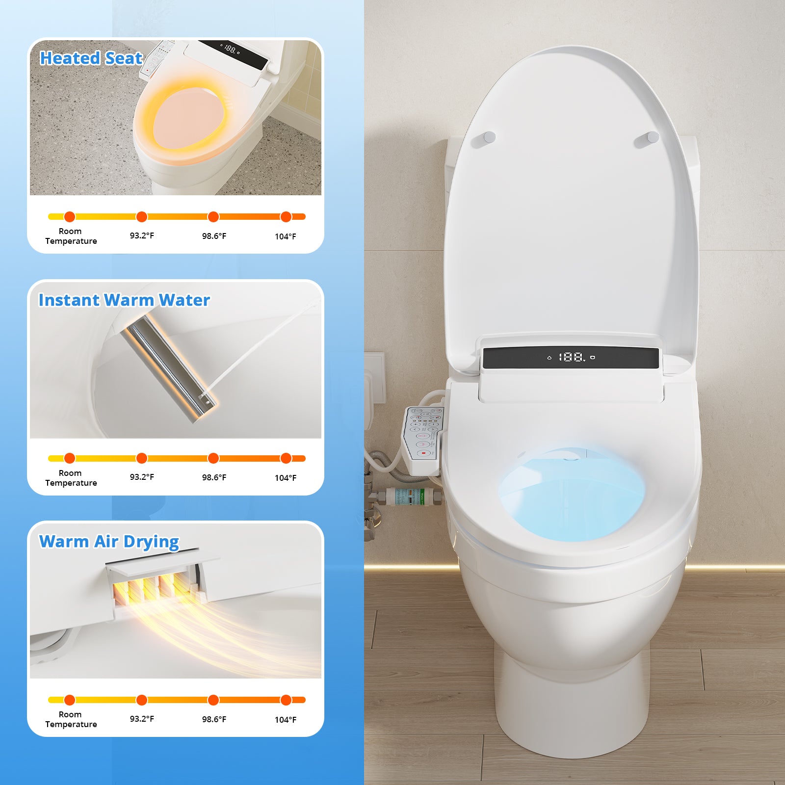 Electric Smart Bidet Toilet Seat Elongated with 4 Water Modes, Heated Toilet Seat with Instant Warm Water and Warm Dryer, Night Light, Slow Close Lid, LED Display, Side Arm Control (Elongated)