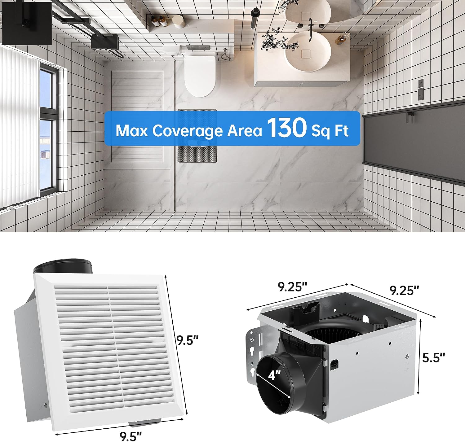 Hawkrown Bathroom Exhaust Fan with Quiet 1.0 Sone Operation, 110 CFM Ceiling Ventilation Fan, Metal Housing, Easy Install, No Attic Access Required, Wall Switch Control
