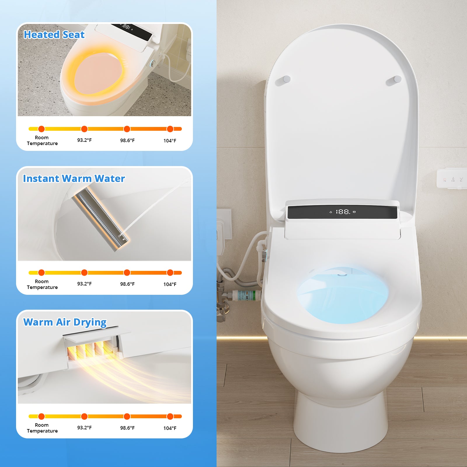 Electric Smart Bidet Toilet Seat, Upgraded Heated Bidet with Adjustable Instant Warm Water and Warm Dryer, Remote Control, Night Light, Slow Close Lid, LED Display (Round)