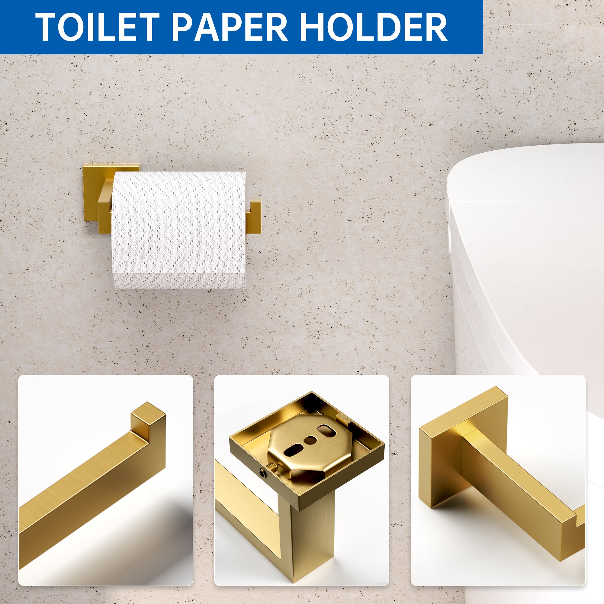 10-Piece Bathroom Hardware Accessories Set, 16 Inch SUS304 Stainless Steel Towel Bar Set, Wall Mounted Bathroom Towel Holders, Towel Hooks with Toilet Paper Holder (Brushed Gold)