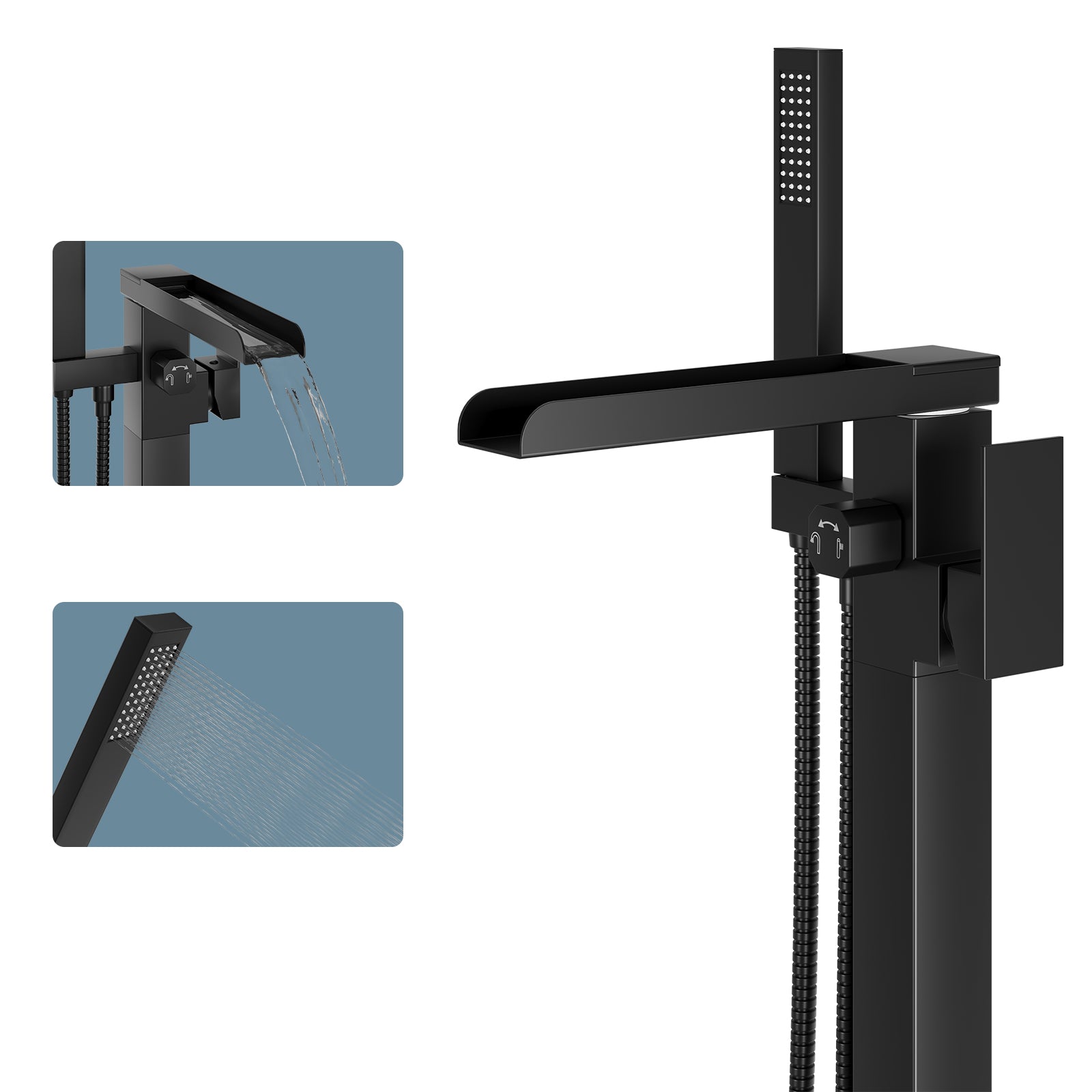 Freestanding Bathtub Faucet, Floor Mount Bathtub Faucet with 2 Water Outlet Modes, Swivel Gooseneck Spout with Hand Shower,Single Handle, Max Flow Rate 7.4 GPM (Waterfall-Black)