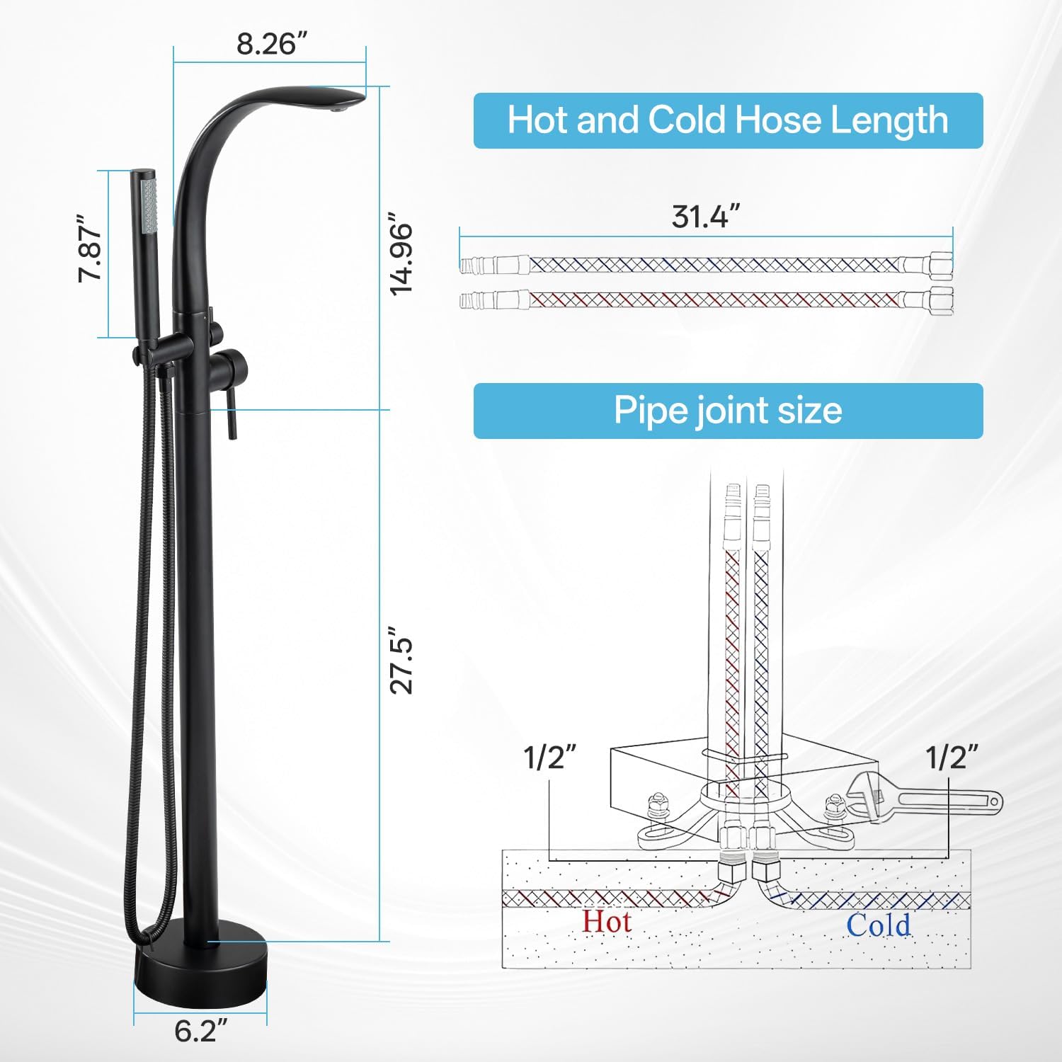 Freestanding Bathtub Faucet, Floor Mount Bathtub Faucet with 2 Water Outlet Modes, Swivel Gooseneck Spout with Hand Shower,Single Handle, Max Flow Rate 7.4 GPM (Type3-Black)