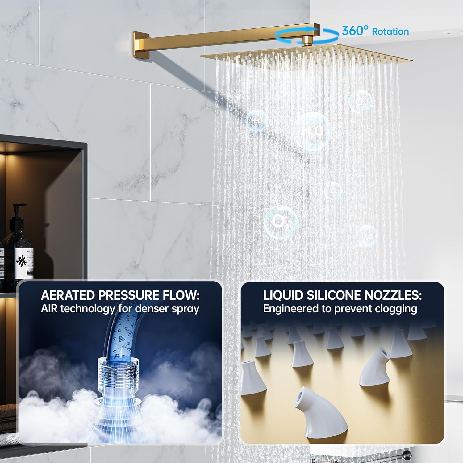 8 Inch Luxury Rain Shower Faucet Set, Brushed Gold Shower System with Rainfall Shower Head and Handheld Spray, SUS304 Stainless Steel and Solid Brass Wall Mounted Shower Valve Trim Kit