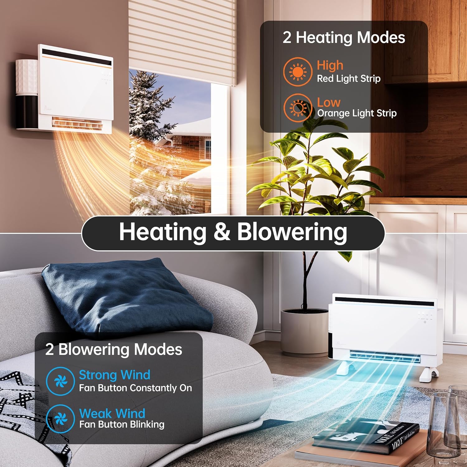 Electric Space Heater, Heater for indoor use, Dual Heating Modes, 120°Wide Oscillation, Bluetooth Speaker with 3 RGB Modes, Child lock, Display for Lyrics, Timing function (White)