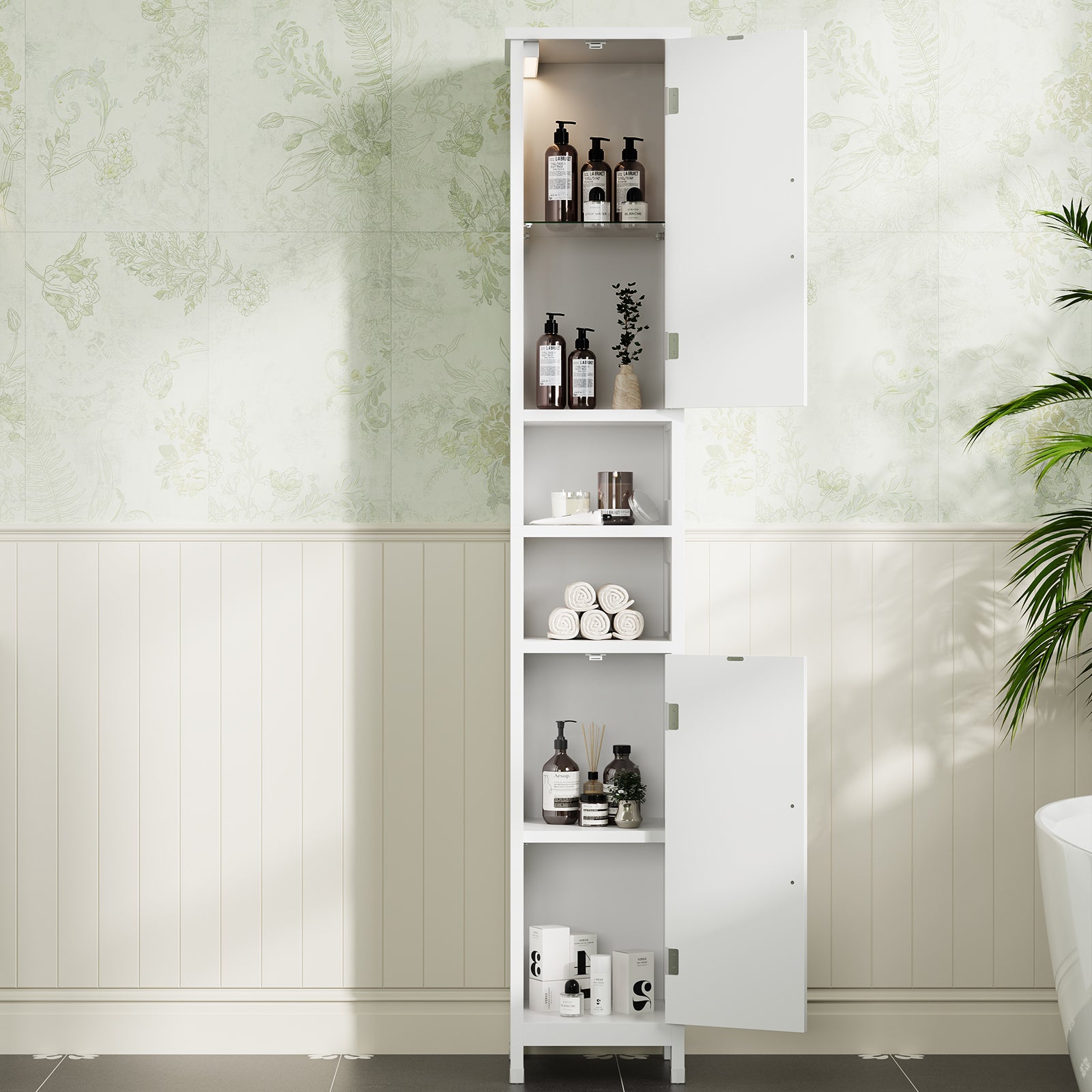 67" Tall Bathroom Storage Cabinet with Lights, Slim Narrow Bathroom Cabinet Organizer with Doors and Adjustable Shelves, Tall Cabinet for Small Space, Living Room, Kitchen (White)