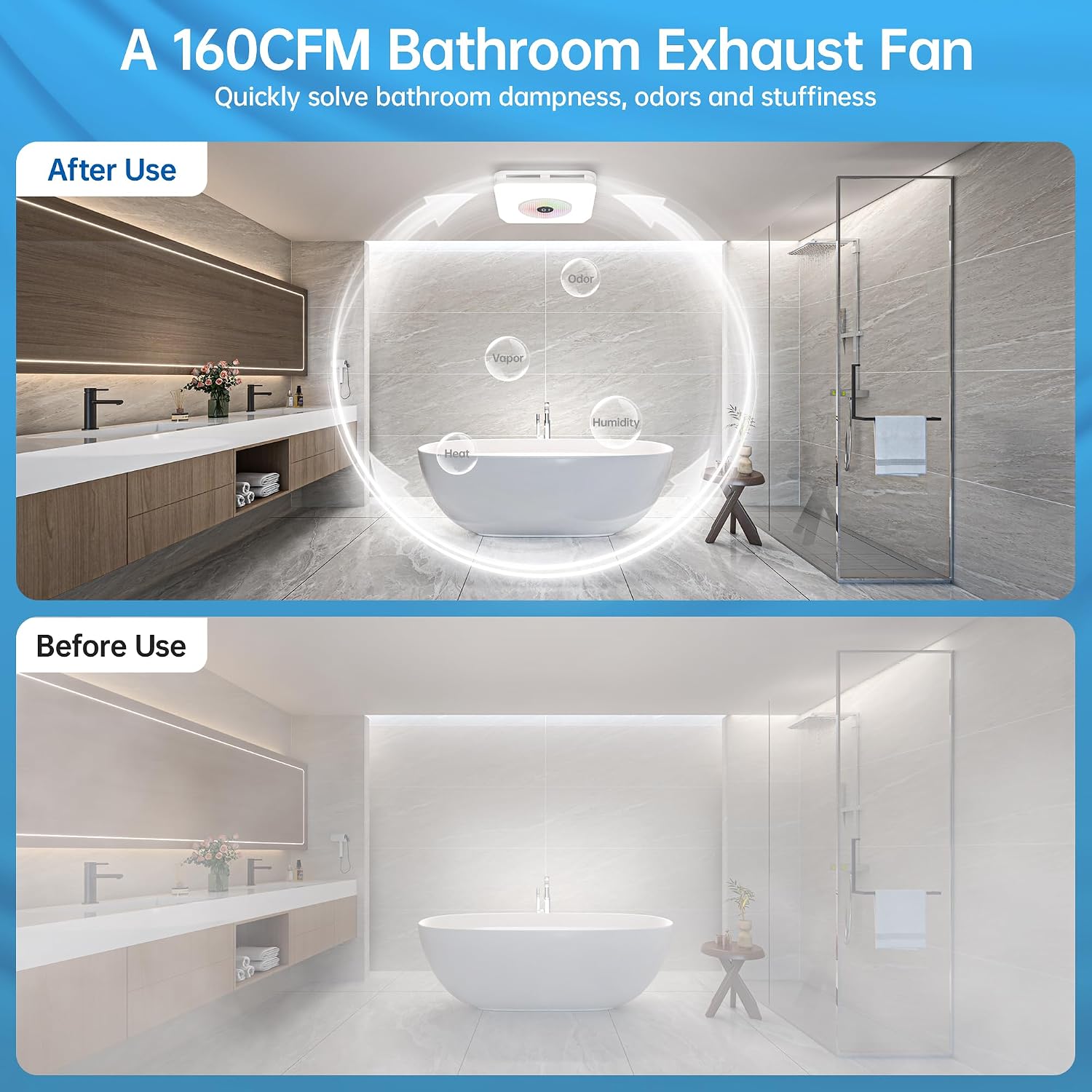 Hawkrown Bathroom Exhaust Fan with Bluetooth Speaker, 160 CFM 1.0 Sone Bathroom Exhaust Fan with Light, 3 Dynamic Light, 7 LED Color, 3 Color Temperatures, Nightlight,Remote, Easy Install