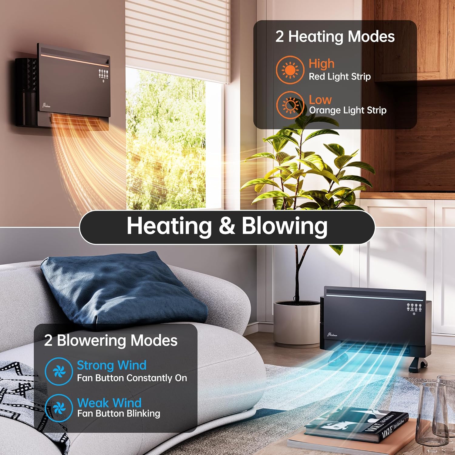 Electric Space Heater, Heater for indoor use, Dual Heating Modes, 120°Wide Oscillation, Bluetooth Speaker with 3 RGB Modes, Child lock, Display for Lyrics, Timing function (Grey)