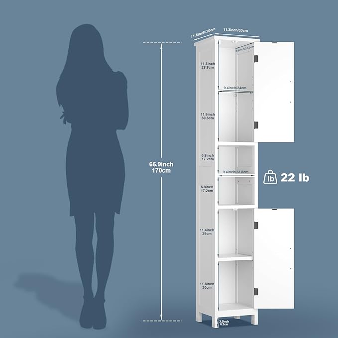 67" Tall Bathroom Storage Cabinet with Lights, Slim Narrow Bathroom Cabinet Organizer with Doors and Adjustable Shelves, Tall Cabinet for Small Space, Living Room, Kitchen (White)