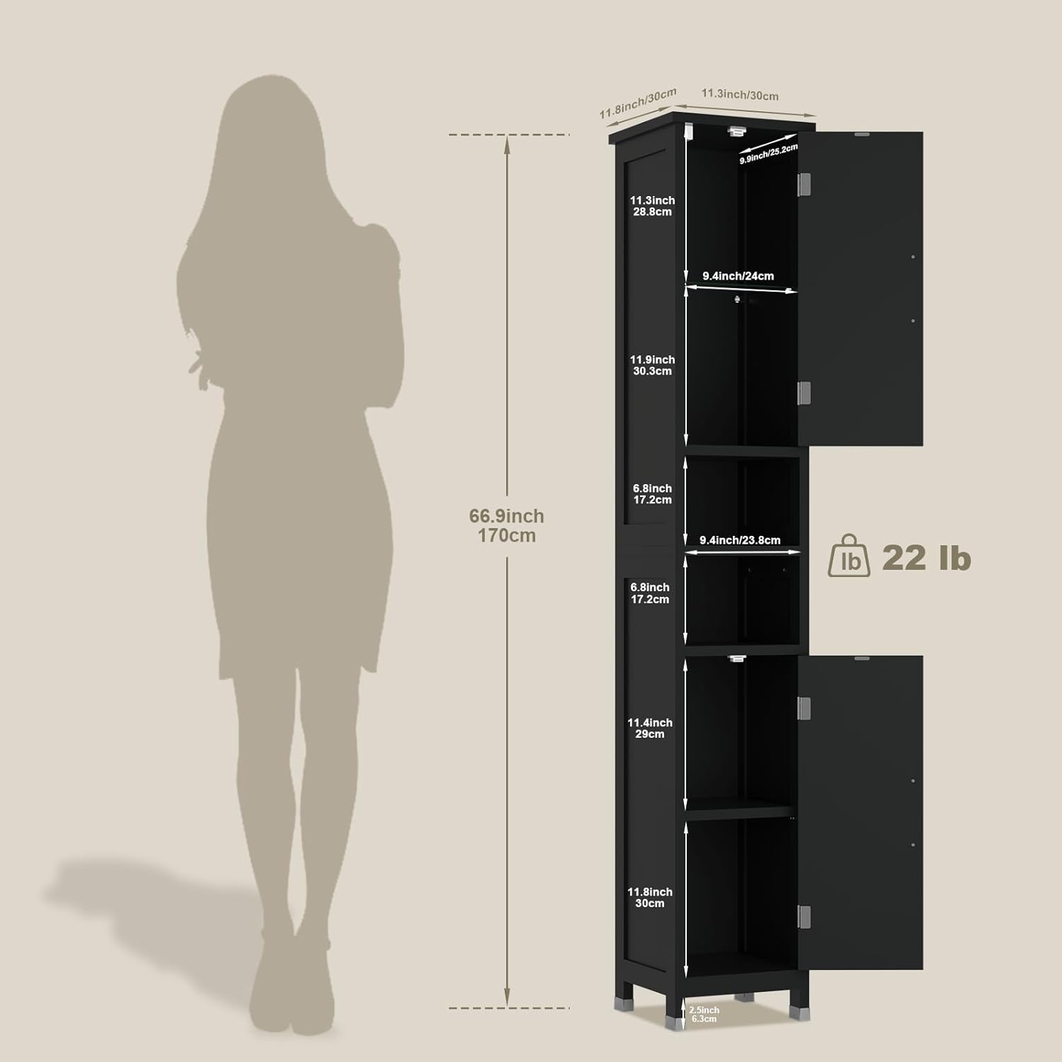 67" Tall Bathroom Storage Cabinet with Lights, Slim Narrow Bathroom Cabinet Organizer with Doors and Adjustable Shelves, Tall Cabinet for Small Space, Living Room (Black)