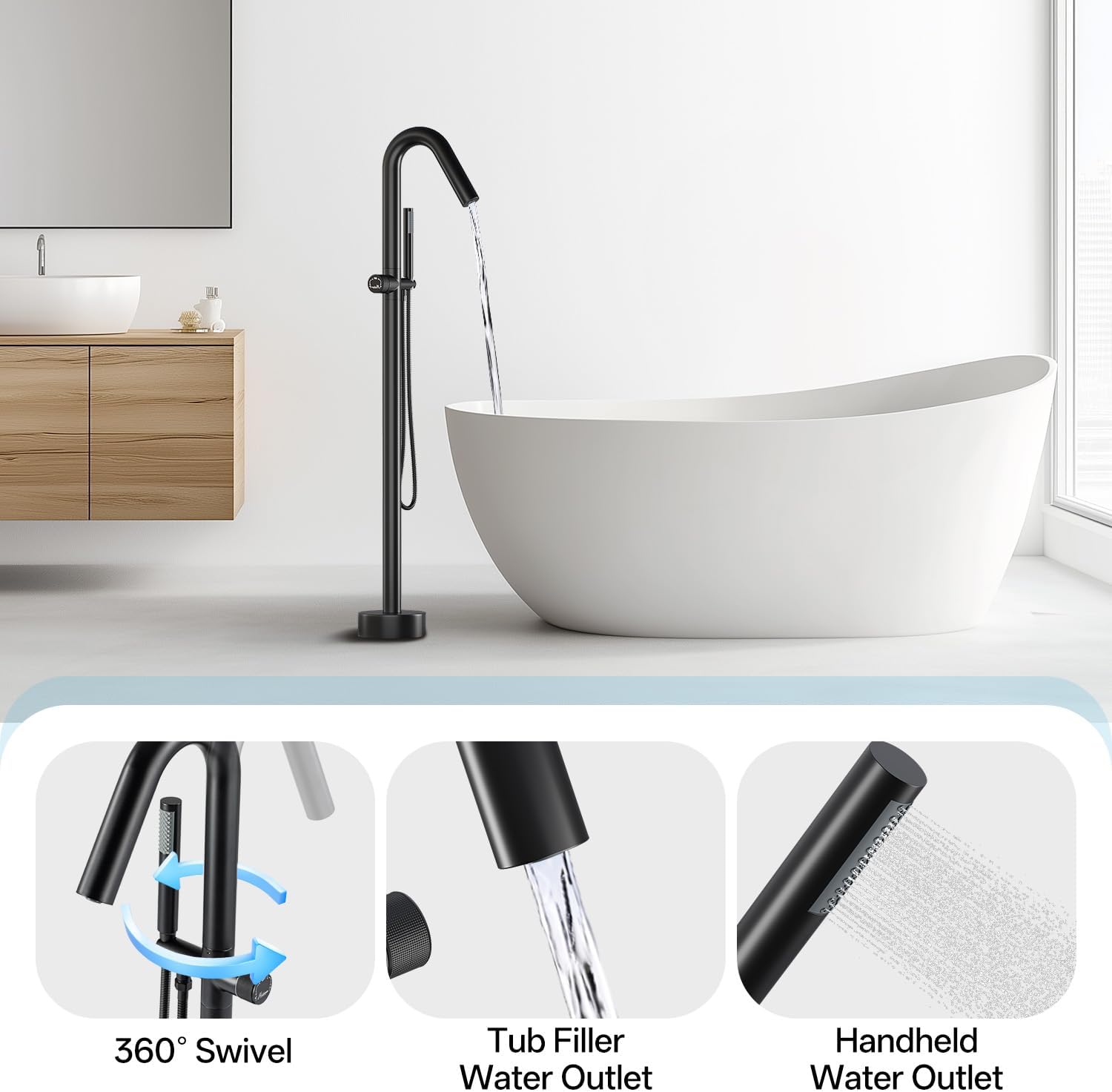 Freestanding Bathtub Faucet, Floor Mount Bathtub Faucet with 2 Water Outlet Modes, Swivel Gooseneck Spout with Hand Shower,Single Handle, Max Flow Rate 7.4 GPM (Type2-Black)