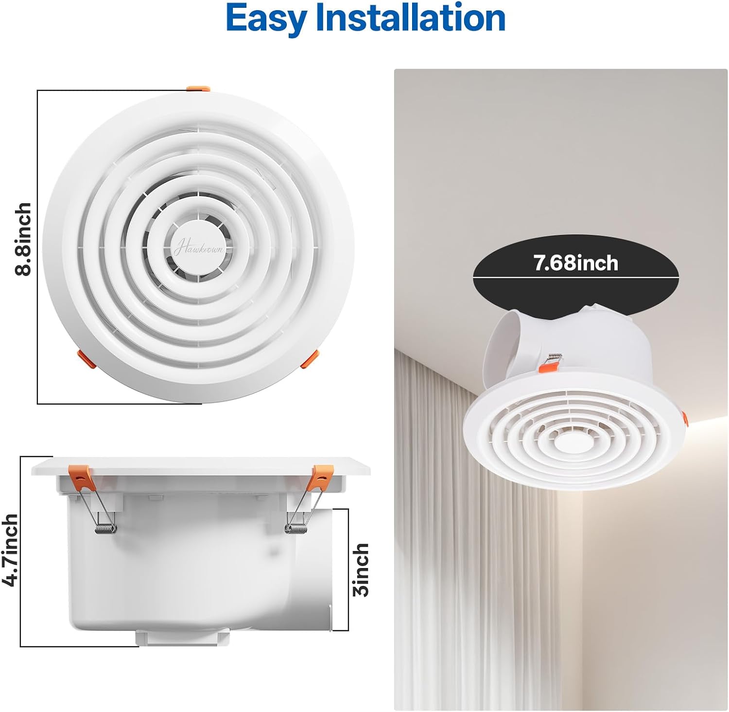 Hawkrown 8 Inch Round Bathroom Exhaust Fan,110 CFM 1 Sone Powerful and Quiet Bathroom Ventilation, Replacement for Mobile Home,Through Wall Vent Fan, Easy Install