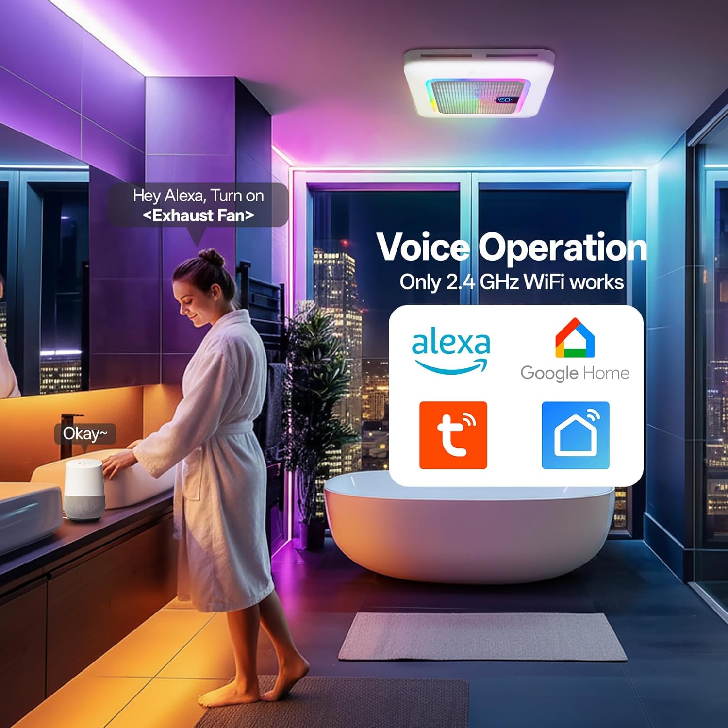 Smart Bathroom Exhaust Fan with Bluetooth Speaker, 230 CFM 1.0 Sone Exhaust Fan with Humidity & Odor Sensor, Remote/App/Voice Control, Adjustable LED Lighting & Dynamic RGB Mood Light (Grey)