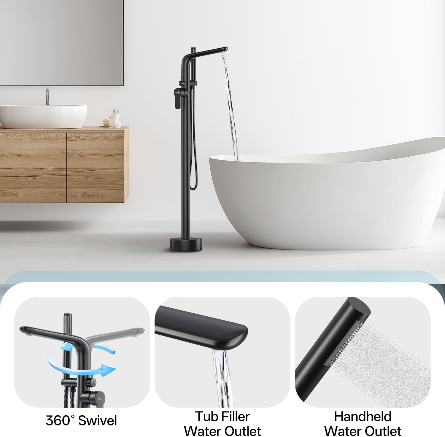 Freestanding Bathtub Faucet, Floor Mount Bathtub Faucet with 2 Water Outlet Modes, Swivel Gooseneck Spout with Hand Shower,Single Handle, Max Flow Rate 7.4 GPM (Type1-Black)