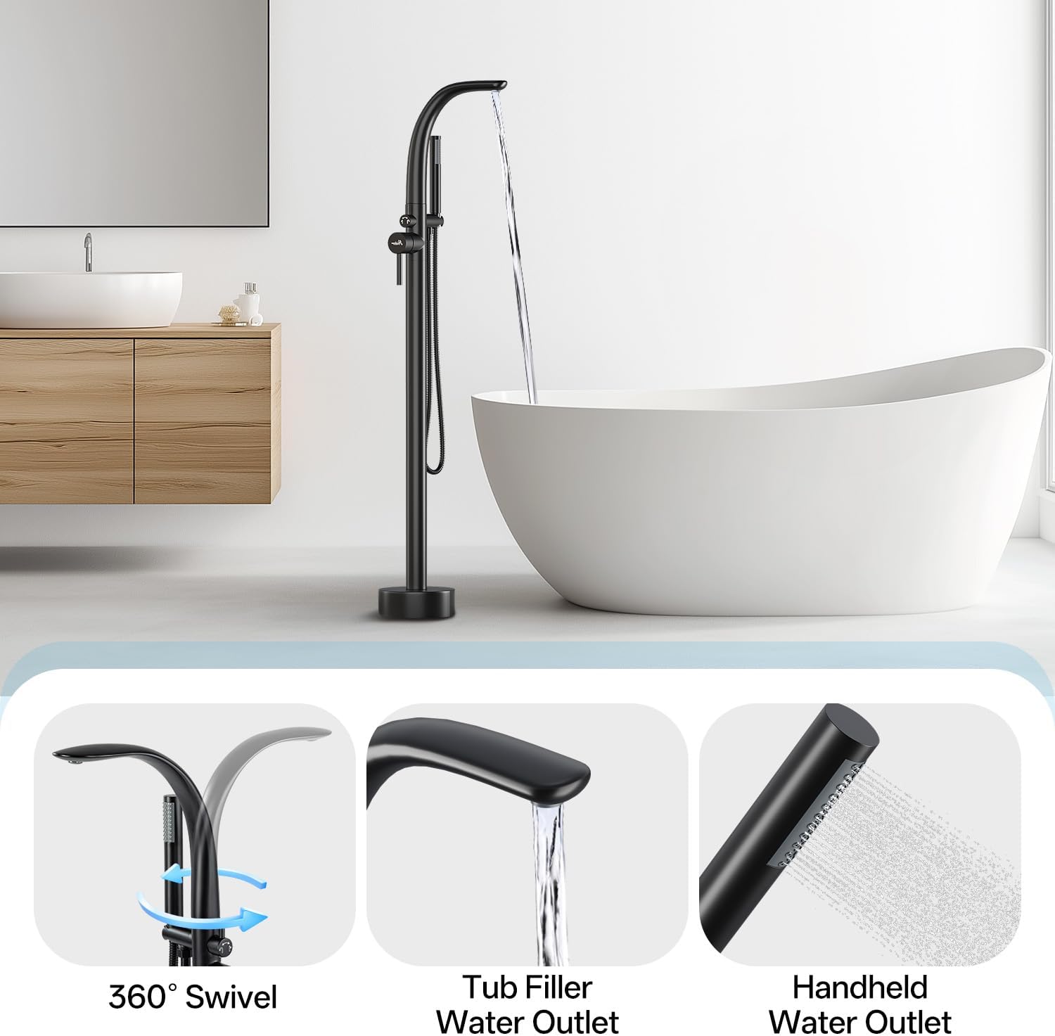 Freestanding Bathtub Faucet, Floor Mount Bathtub Faucet with 2 Water Outlet Modes, Swivel Gooseneck Spout with Hand Shower,Single Handle, Max Flow Rate 7.4 GPM (Type3-Black)