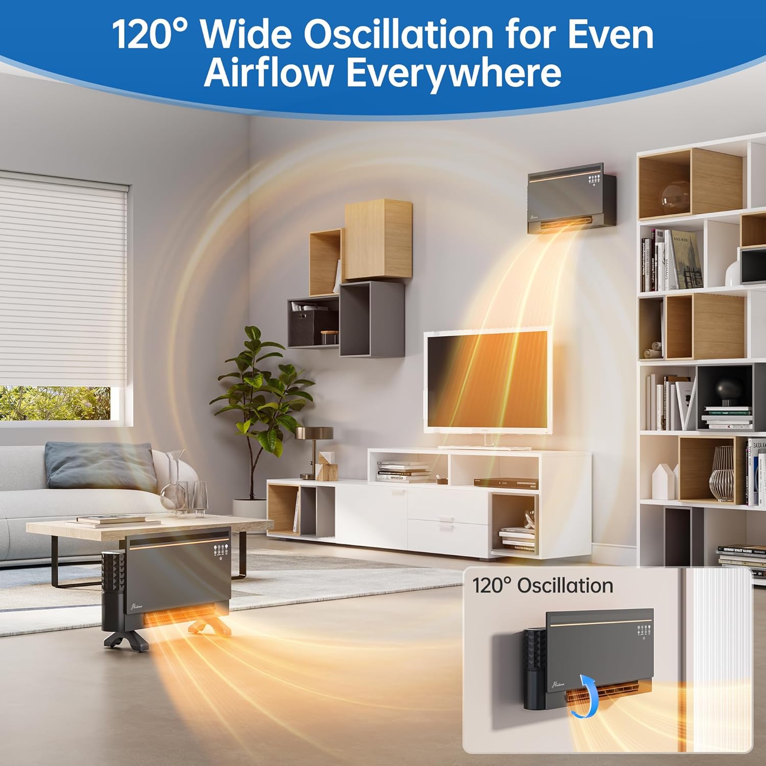 Electric Space Heater, Heater for indoor use, Dual Heating Modes, 120°Wide Oscillation, Bluetooth Speaker with 3 RGB Modes, Child lock, Display for Lyrics, Timing function (Grey)