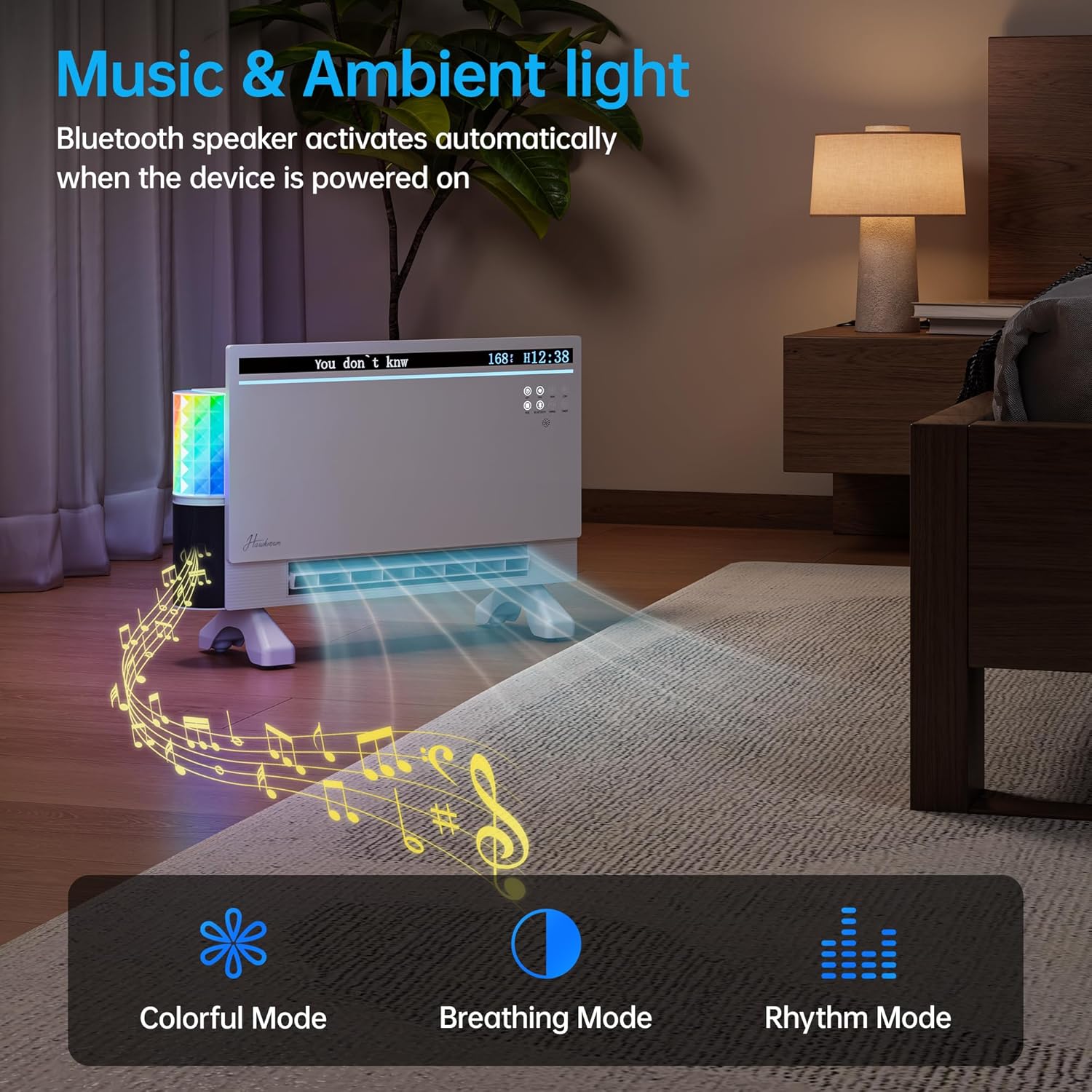 Electric Space Heater, Heater for indoor use, Dual Heating Modes, 120°Wide Oscillation, Bluetooth Speaker with 3 RGB Modes, Child lock, Display for Lyrics, Timing function (White)