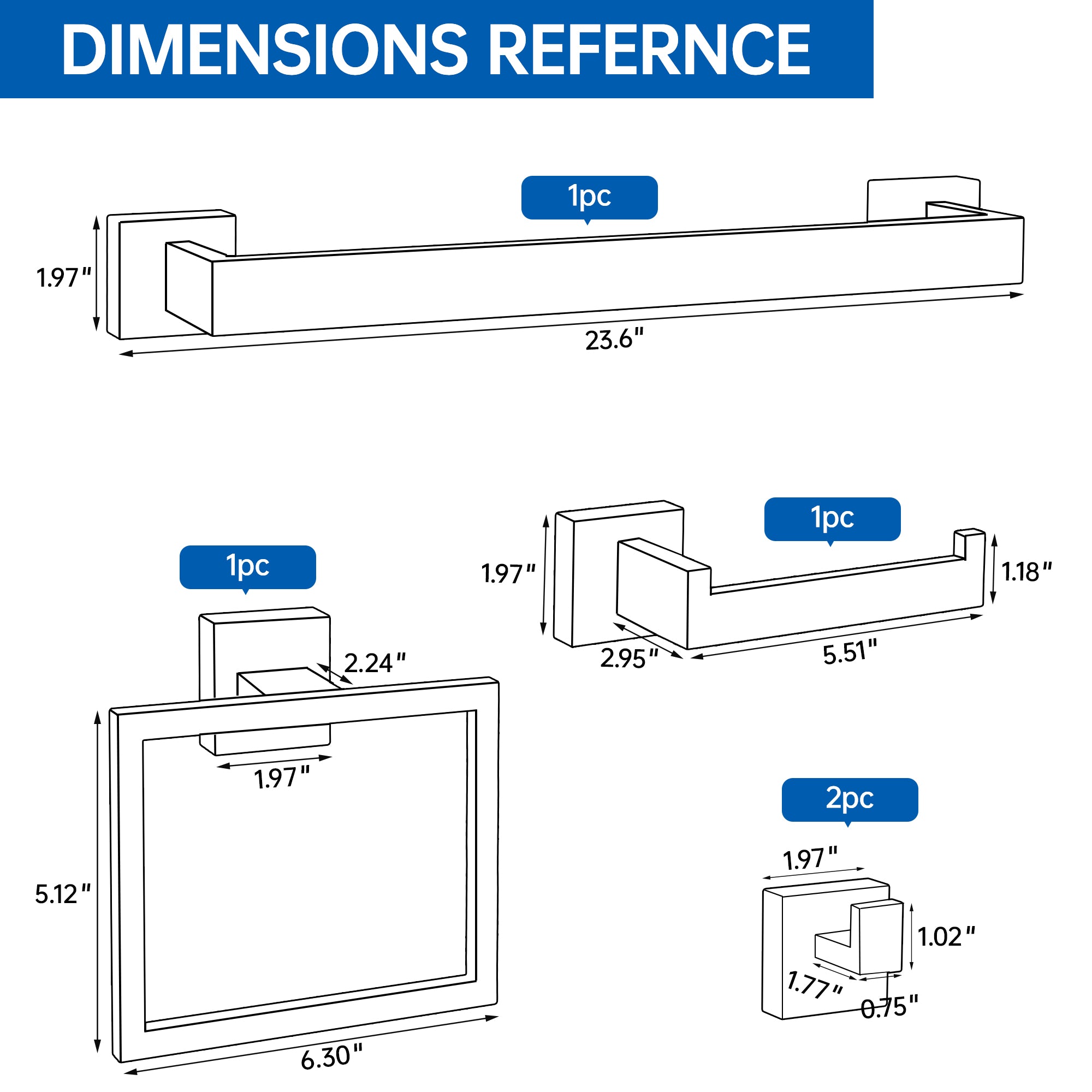 5-Piece Bathroom Hardware Accessories Set, 23.6 Inch SUS304 Stainless Steel Towel Bar Set, Wall Mounted Bathroom Towel Holders, Towel Hooks with Toilet Paper Holder (Matte Black)