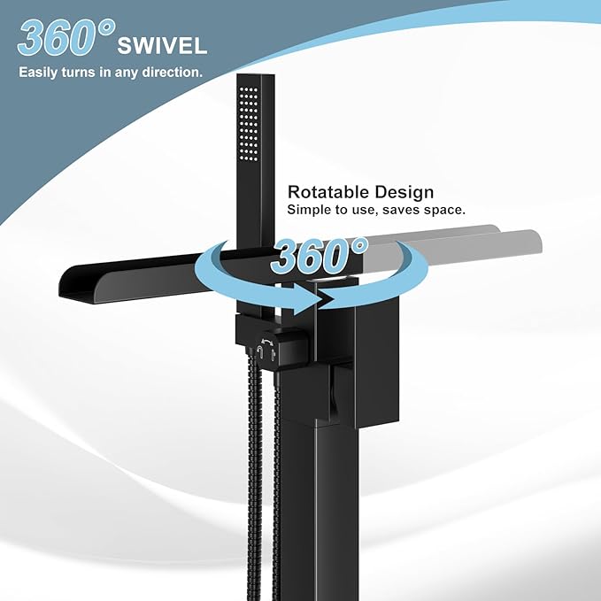 Freestanding Bathtub Faucet, Floor Mount Bathtub Faucet with 2 Water Outlet Modes, Swivel Gooseneck Spout with Hand Shower,Single Handle, Max Flow Rate 7.4 GPM (Waterfall-Black)
