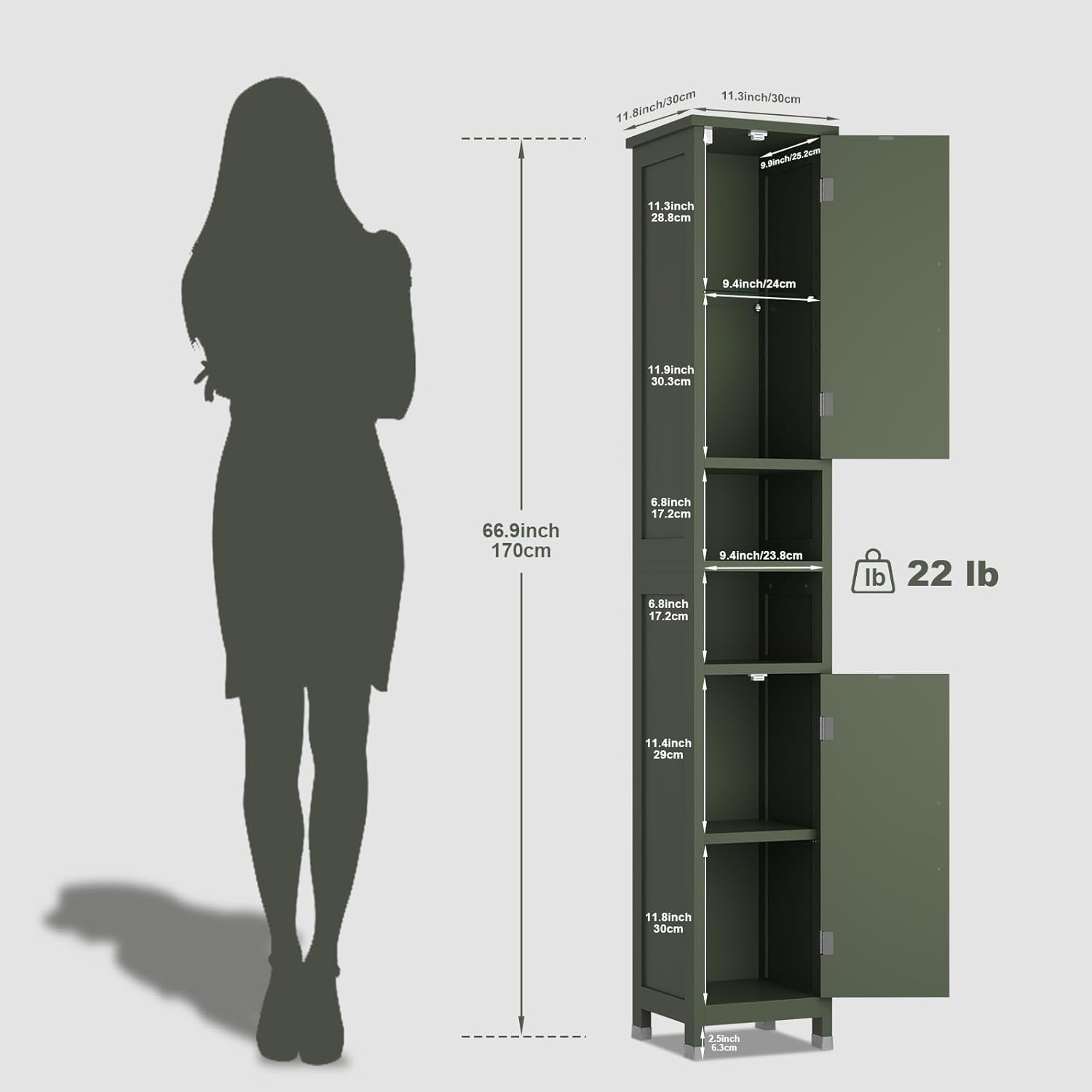 67" Tall Bathroom Storage Cabinet with Lights, Slim Narrow Bathroom Cabinet Organizer with Doors and Adjustable Shelves, Tall Cabinet for Small Space, Living Room (Green)