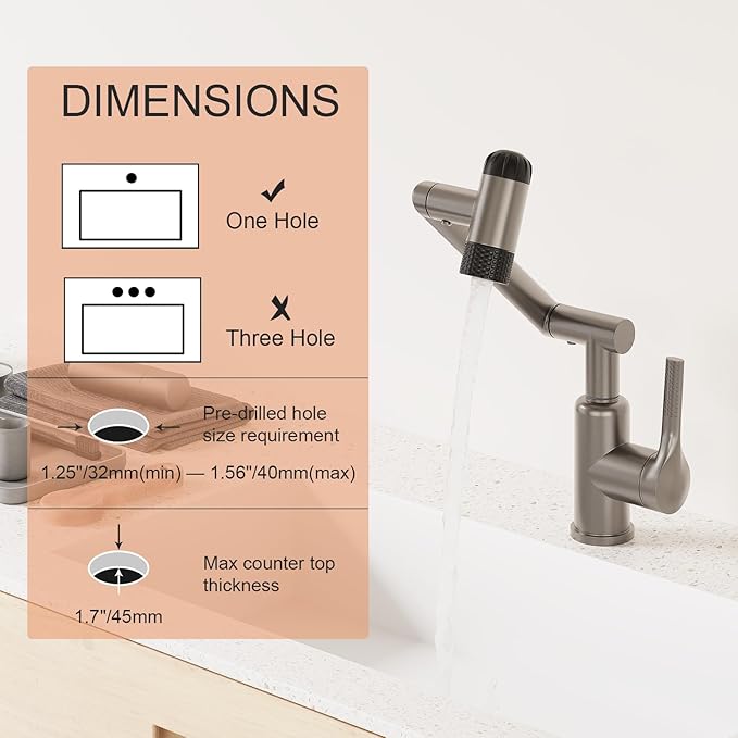 1080° Rotatable Bathroom Faucet, 1 Hole Single Handle with 4 Water Outlet Modes, Swivel Arm Faucet for Bathroom Kitchen and RV (Brushed Gray)