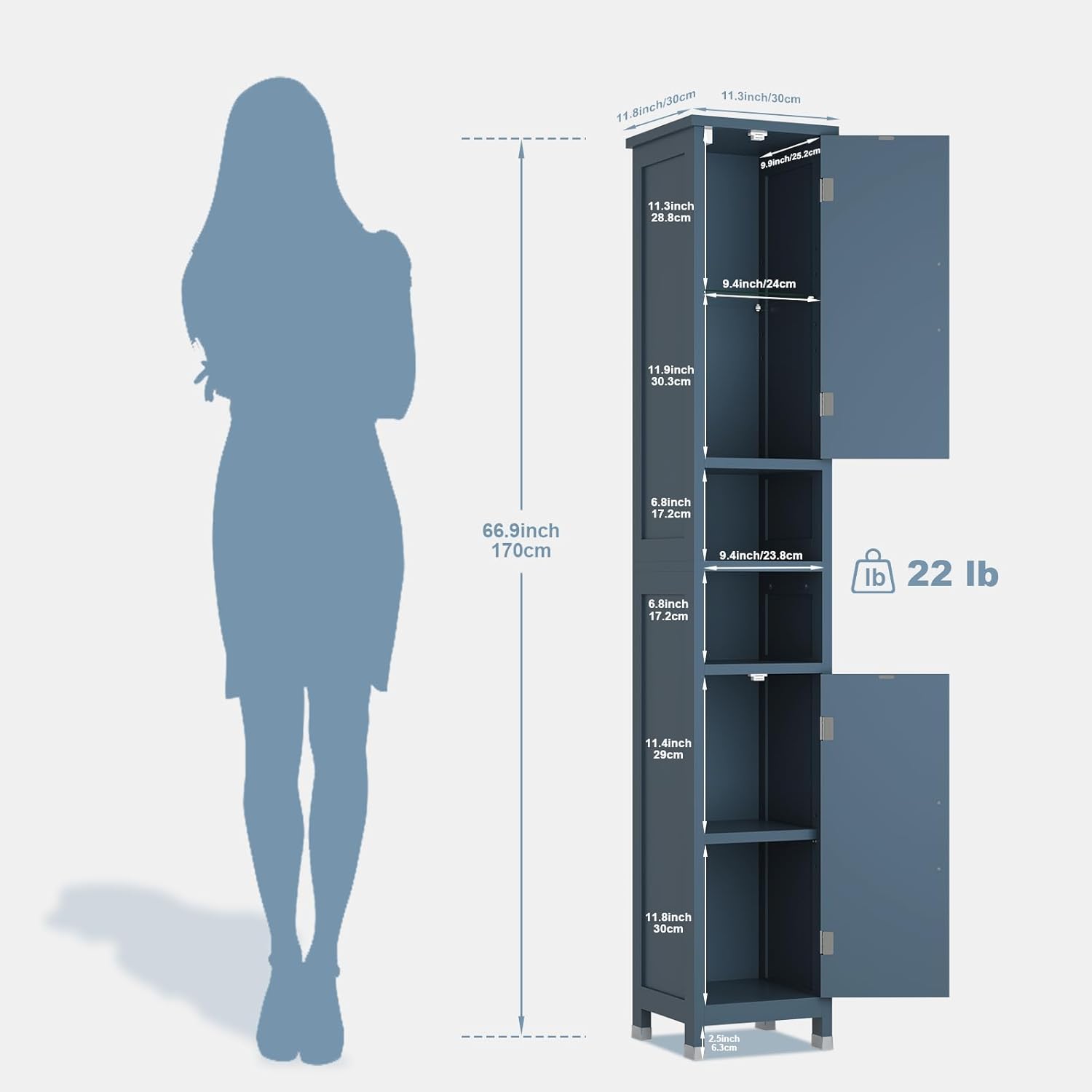 67" Tall Bathroom Storage Cabinet with Lights, Slim Narrow Bathroom Cabinet Organizer with Doors and Adjustable Shelves, Tall Cabinet for Small Space, Living Room (Blue)