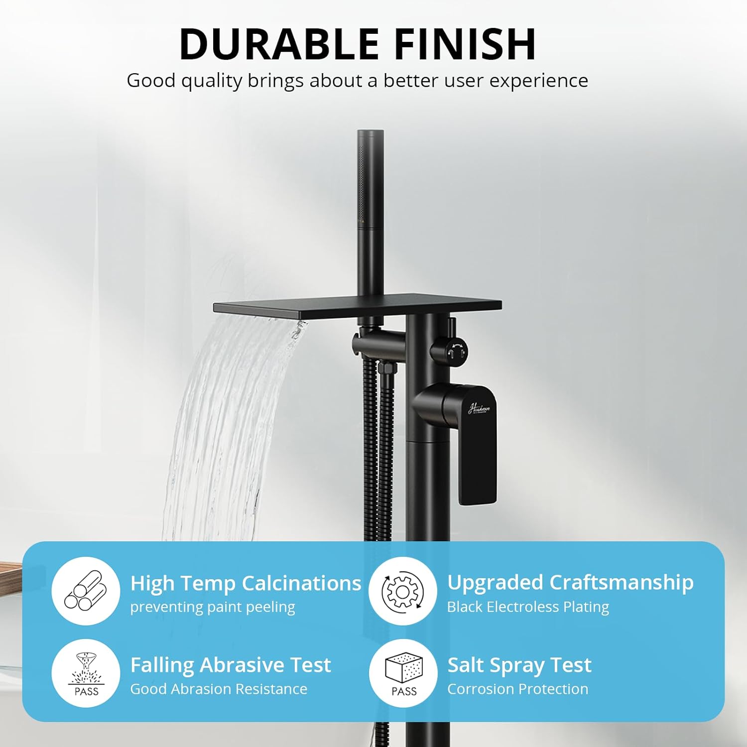 Freestanding Bathtub Faucet, Floor Mount Bathtub Faucet with 3 Water Outlet Modes, Swivel Waterfall Spout with Hand Shower, Brass Single Handle Tub filler, Max Flow Rate 7.4 GPM (Waterfall 2-Black)
