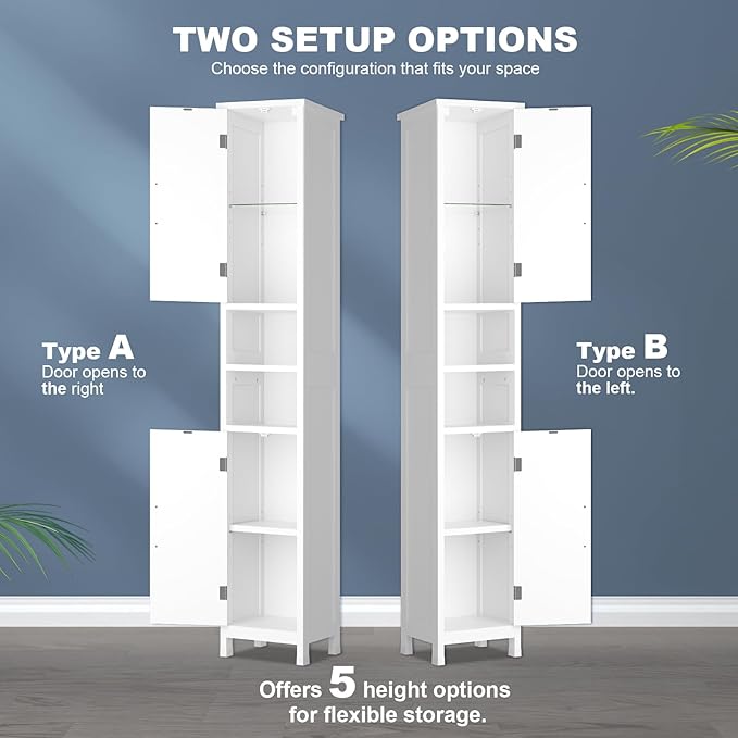 67" Tall Bathroom Storage Cabinet with Lights, Slim Narrow Bathroom Cabinet Organizer with Doors and Adjustable Shelves, Tall Cabinet for Small Space, Living Room, Kitchen (White)