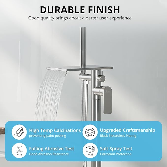 Freestanding Bathtub Faucet, Floor Mount Bathtub Faucet with 2 Water Outlet Modes, Swivel Gooseneck Spout with Hand Shower,Single Handle, Max Flow Rate 7.4 GPM (Waterfall 2-Brushed Nickel)