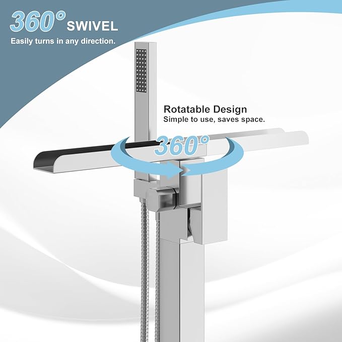 Freestanding Bathtub Faucet, Floor Mount Bathtub Faucet with 2 Water Outlet Modes, Swivel Gooseneck Spout with Hand Shower,Single Handle, Max Flow Rate 7.4 GPM (Waterfall-Brushed Nickel)