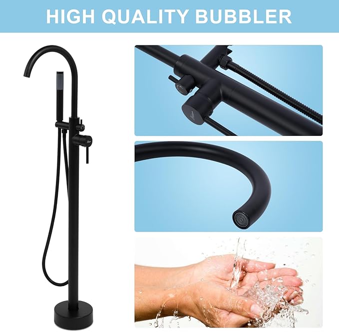 Freestanding Bathtub Faucet, Floor Mount Bathtub Faucet with 2 Water Outlet Modes, Swivel Gooseneck Spout with Hand Shower, Brass Single Handle Tub filler, Max Flow Rate 7.4 GPM (Gooseneck-Matte Black)