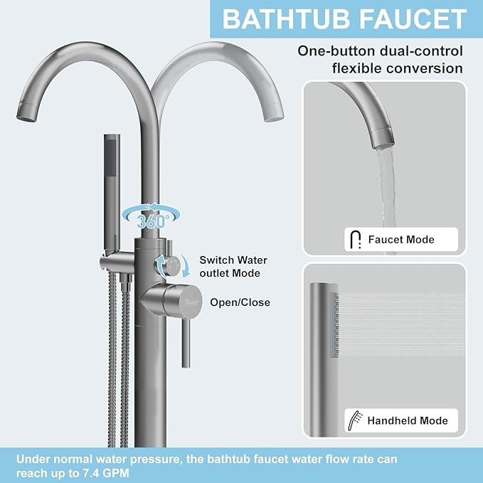 Freestanding Bathtub Faucet, Floor Mount Bathtub Faucet with 2 Water Outlet Mode, Swivel Gooseneck Spout with Hand Shower, Brass Single Handle Tub filler, Max Flow Rate 7.4 GPM (Gooseneck-Brushed Nickel)